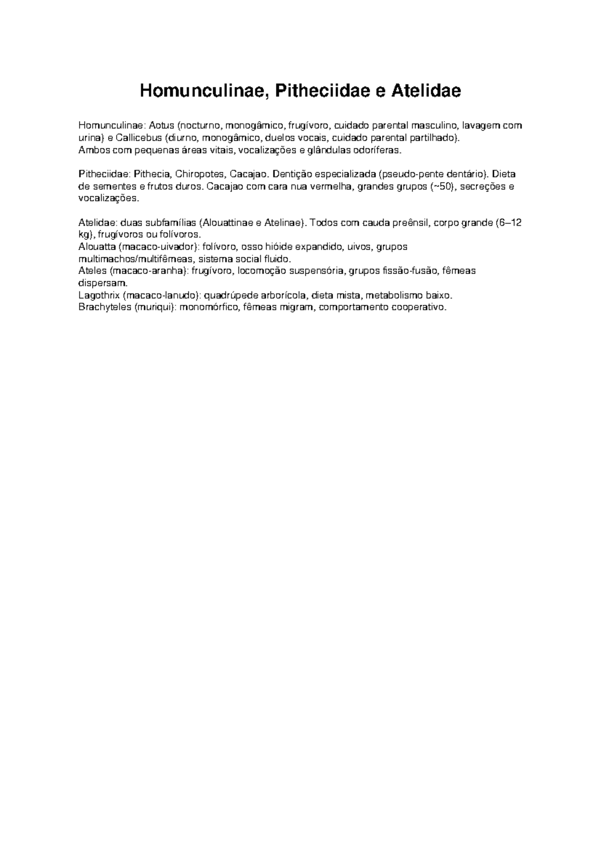 Estudo sobre Homunculinae, Pitheciidae e Atelidae: Comportamento e ...