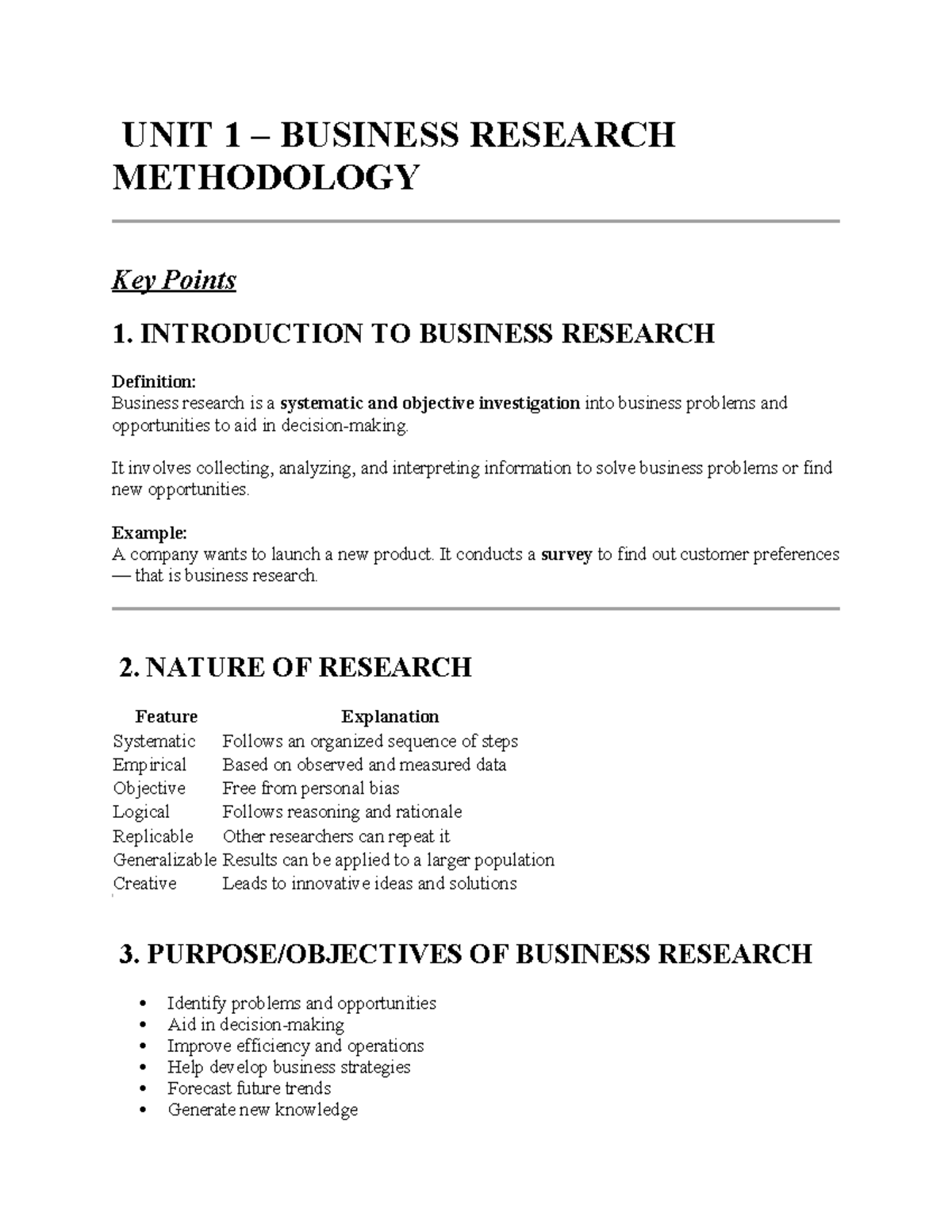 📘 UNIT 1 BUSINESS RESEARCH METHODOLOGY Key Points Summary - Studocu