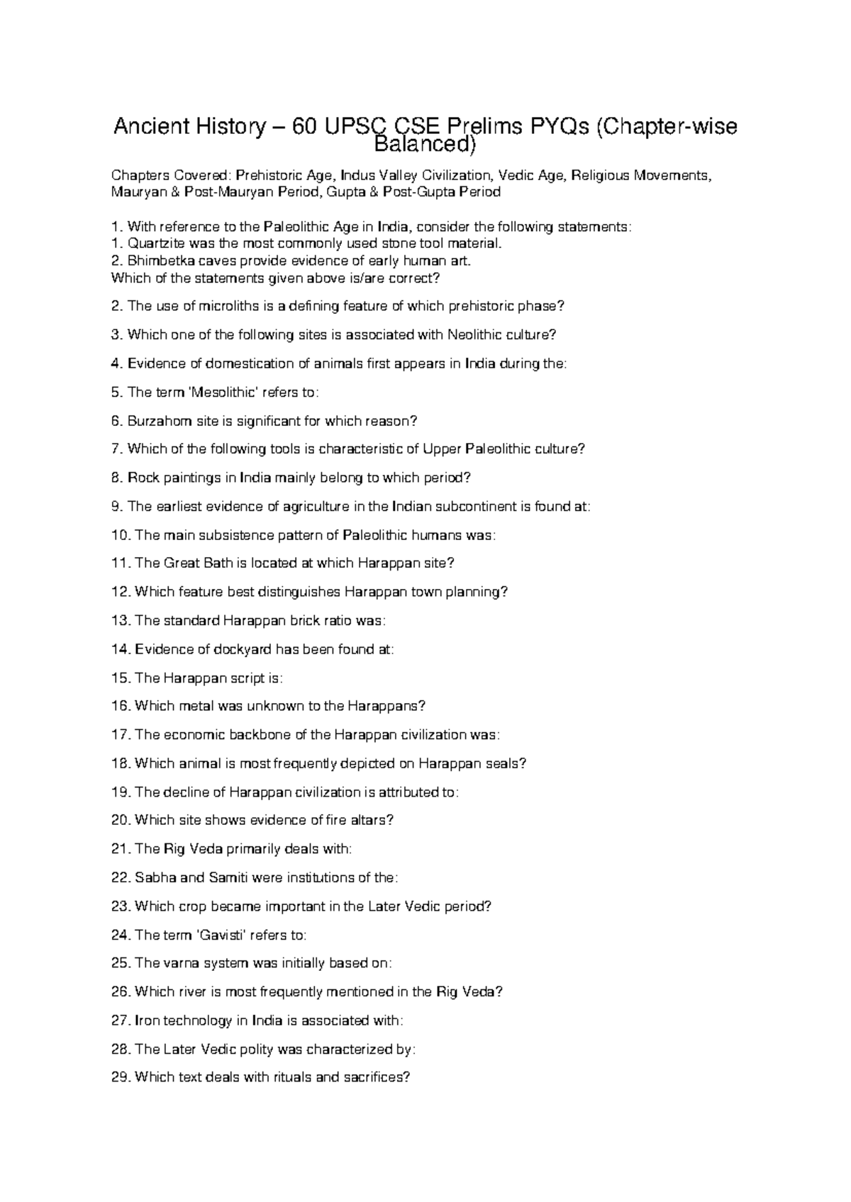 Ancient History 60 UPSC CSE Prelims PYQs: Key Topics & Questions - Studocu