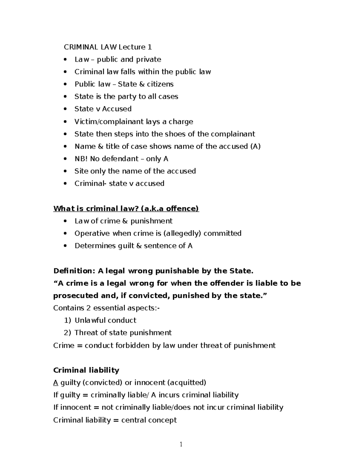 CRL 2ND YEAR Lecture Notes on Criminal Law - Key Concepts & Case Law ...