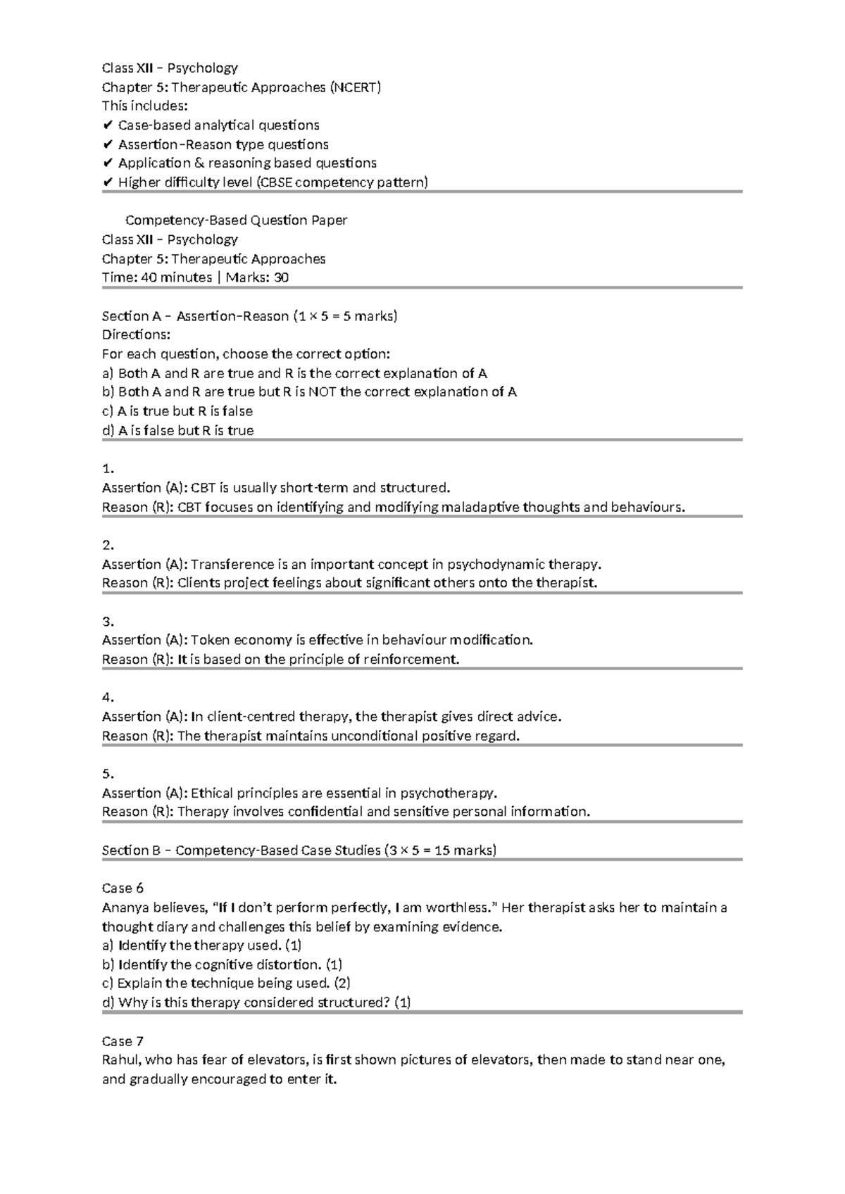 Class XII Psychology Chapter 5: Therapeutic Approaches Test (NCERT ...