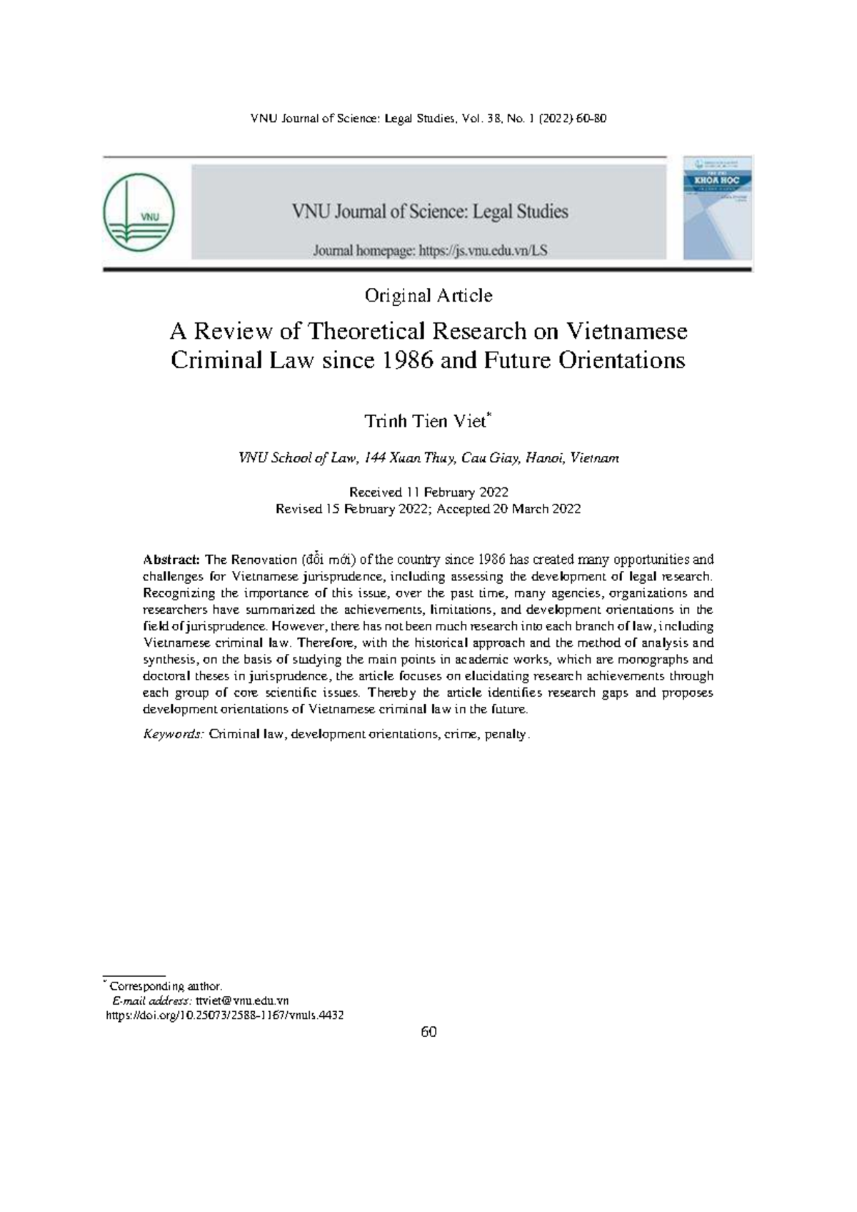 A Review of Vietnamese Criminal Law Research (1986-2022) - VNU Legal ...