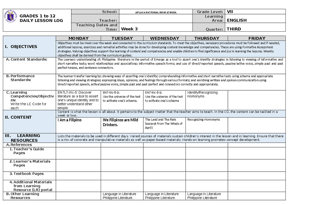 DLL 3rd Qtr Week 3 Daily Lesson Log - English Grade VII - Studocu