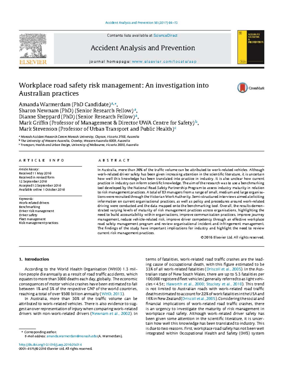 Workplace Road Safety Risk Management: Insights from Australia ...
