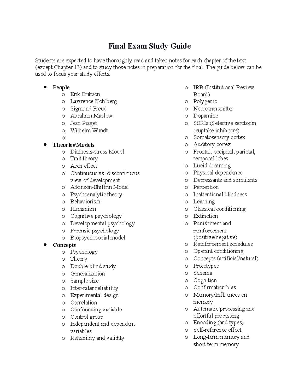 PSY 101 Final Exam Study Guide: Key Topics & Concepts for Prep - Studocu