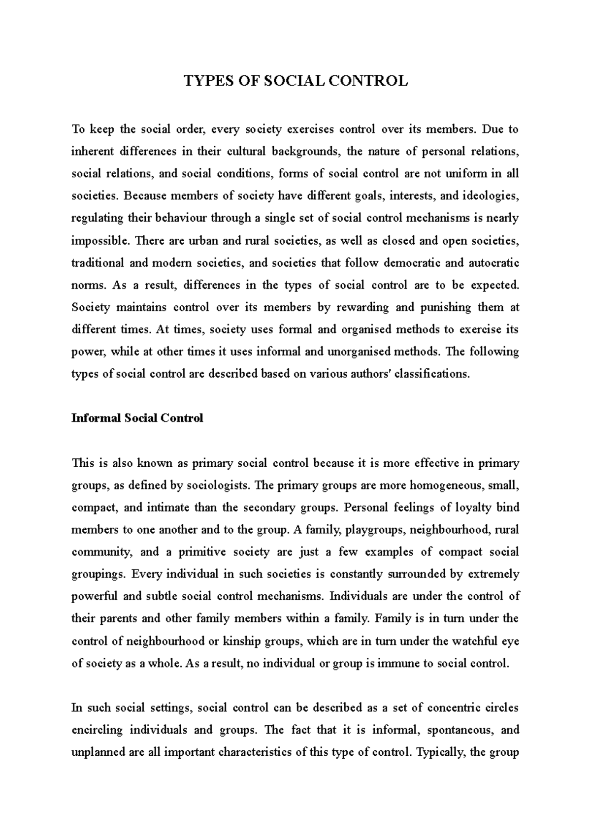 Types of Social Control: Understanding Mechanisms in Society - Studocu