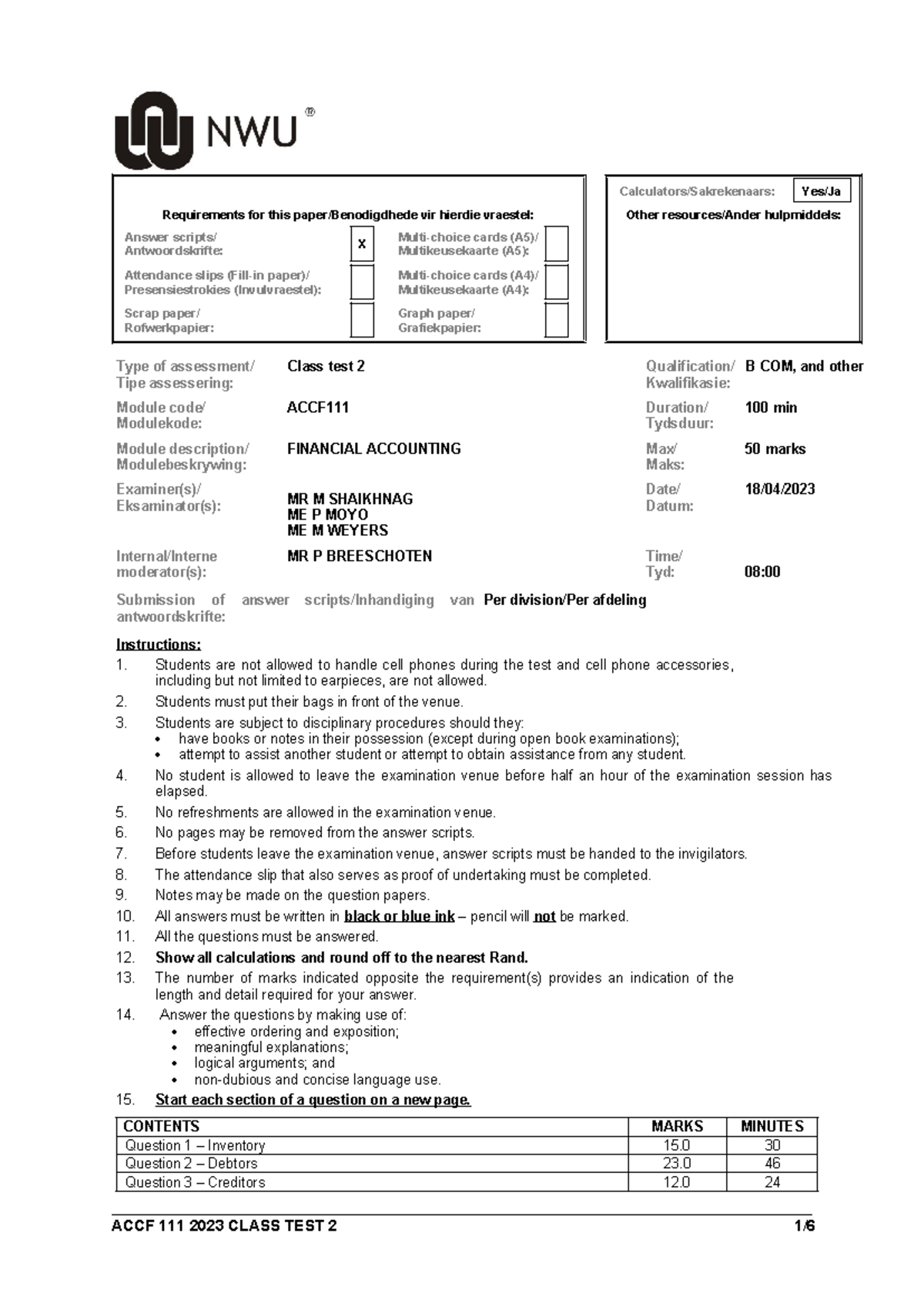 2023 ACCF 111 Class Test 2: Financial Accounting Requirements and ...