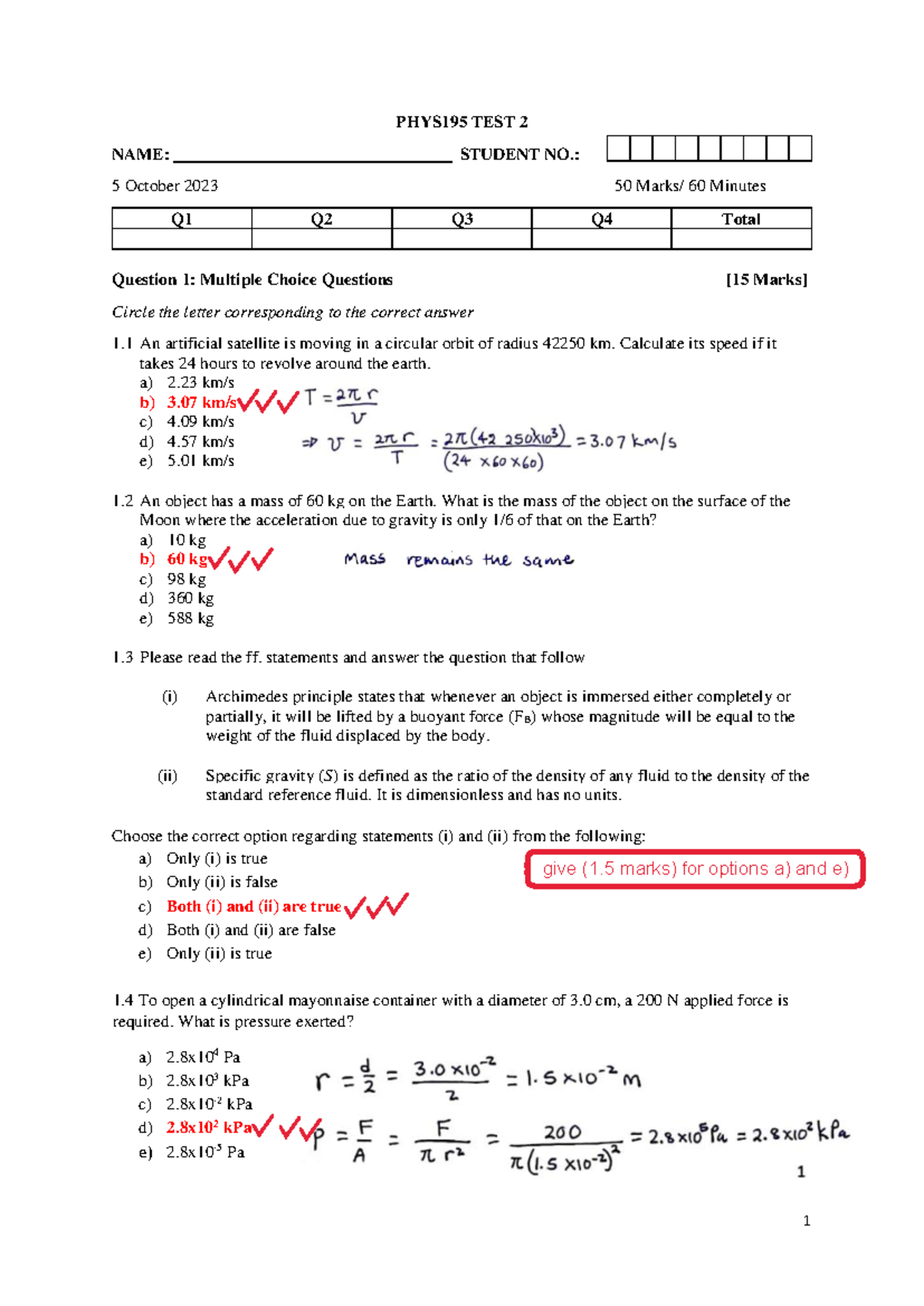 PHYS195 2023 Sem 2 Test 2 Solutions and Answer Key - Studocu