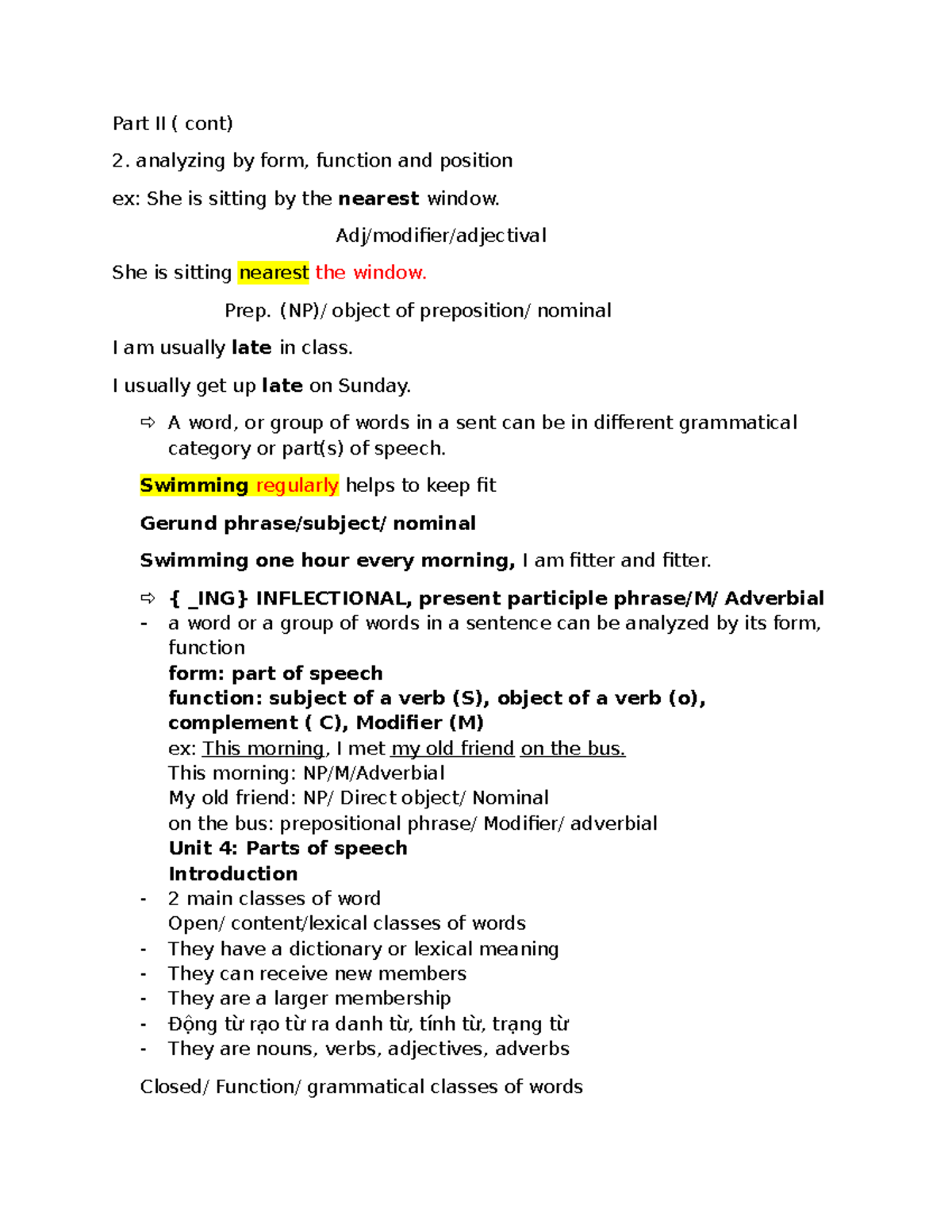 Part II - syntax - Part II ( cont) 2. analyzing by form, function and ...