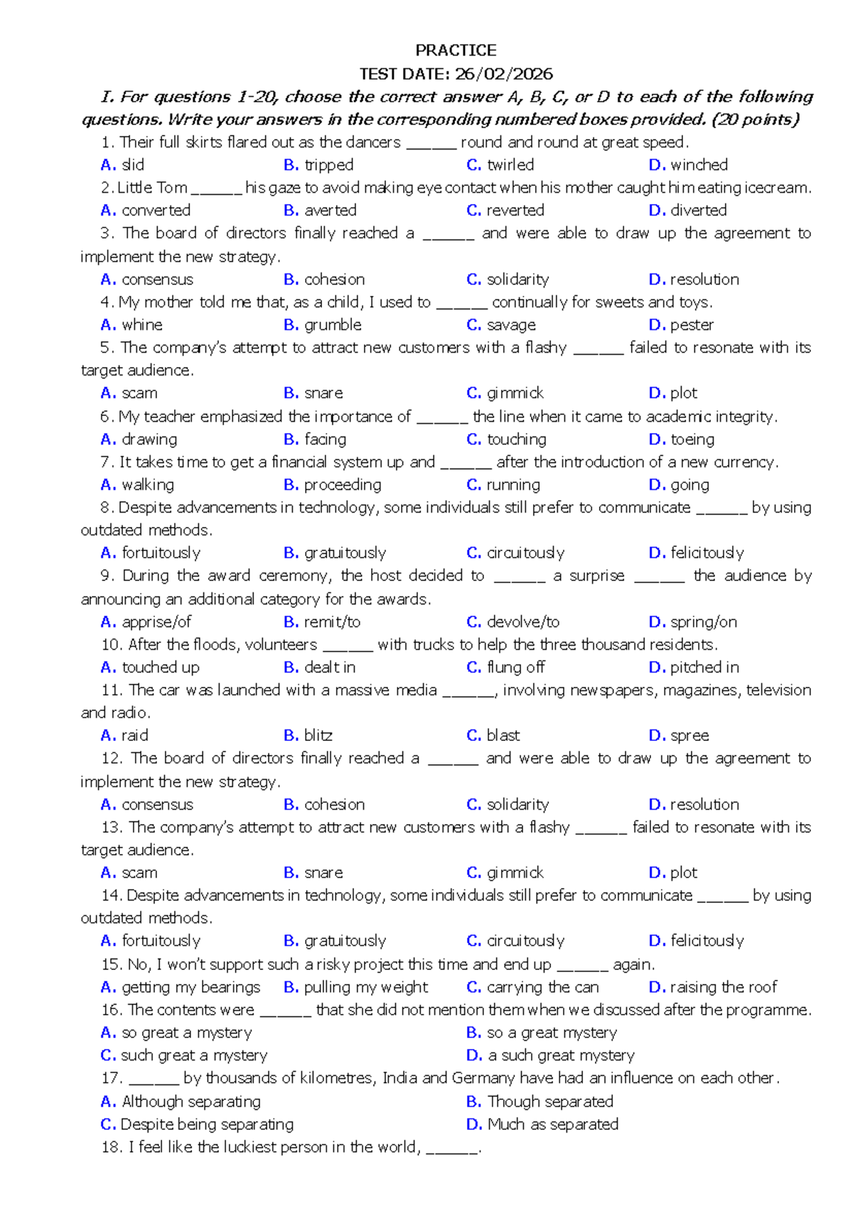 PRACTICE TEST: Choose the Correct Answer (20 Points) - Studocu