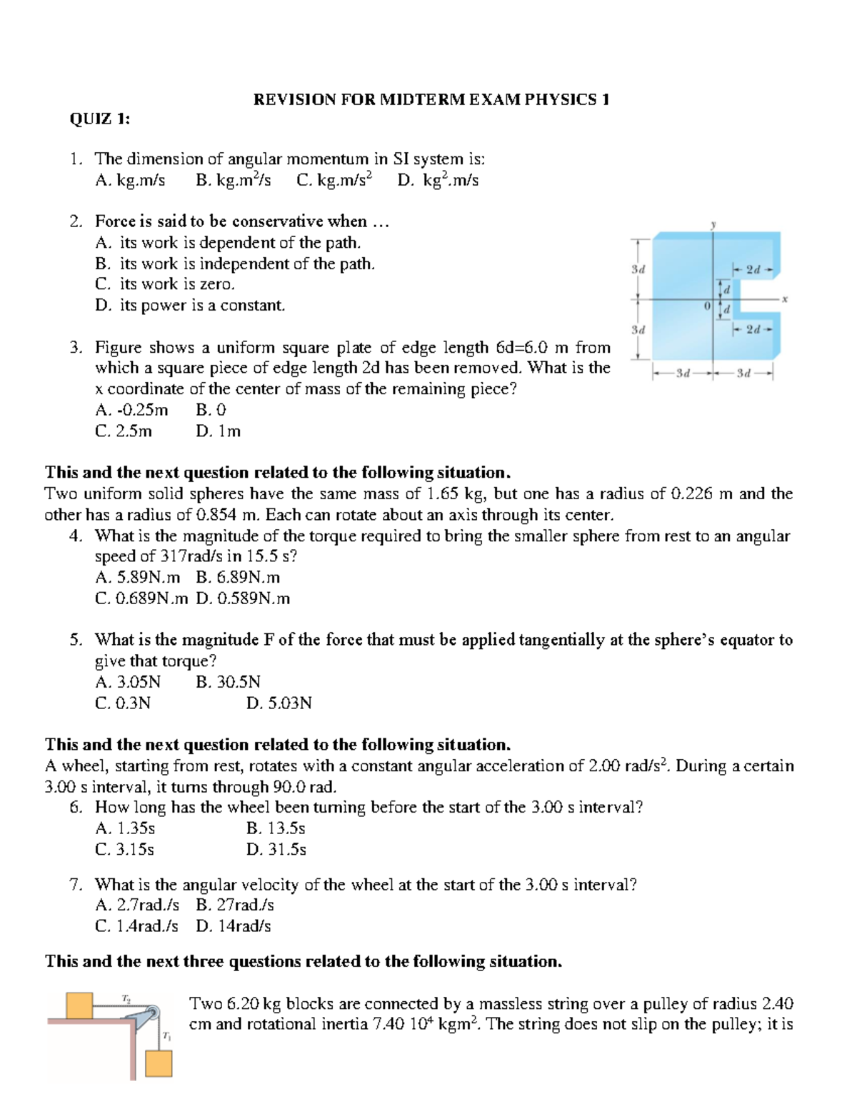 Revision Midterm Exam Physics 1 HQLinh HK203 - REVISION FOR MIDTERM ...