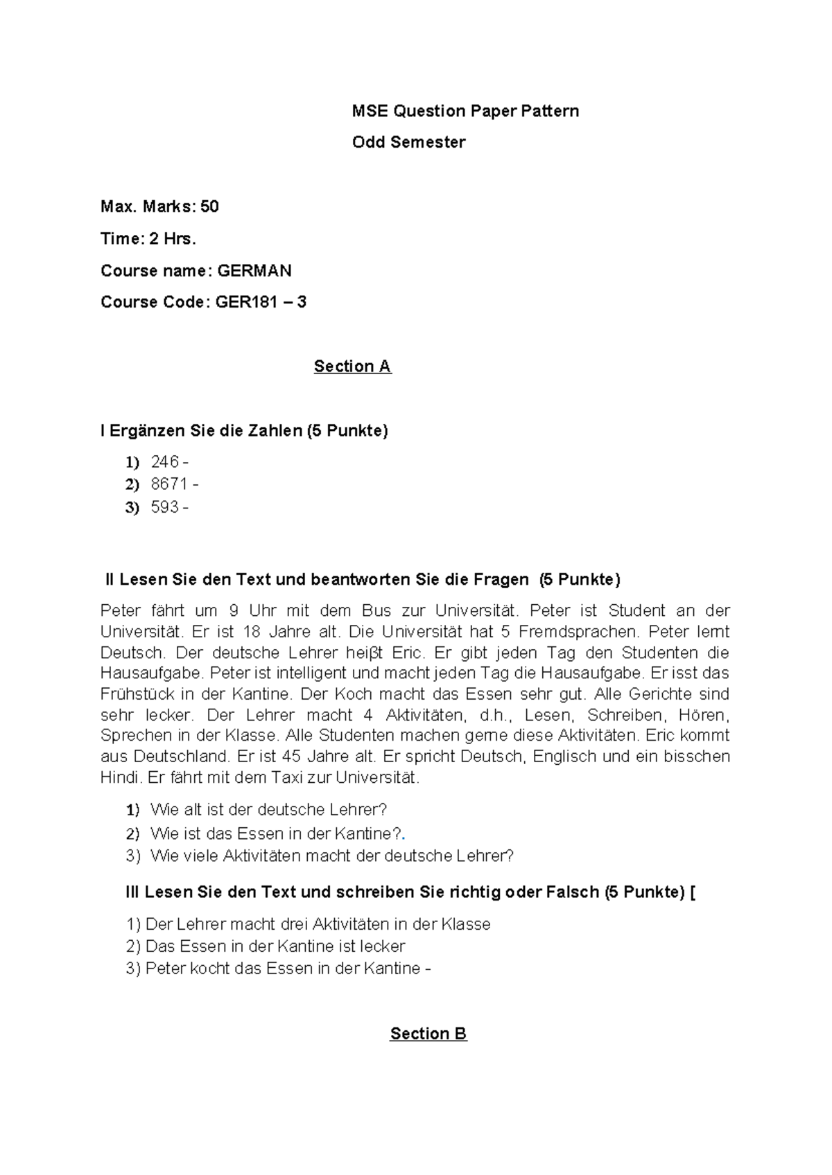 GER 181-3 MSE Odd Semester Question Paper Pattern - Studocu