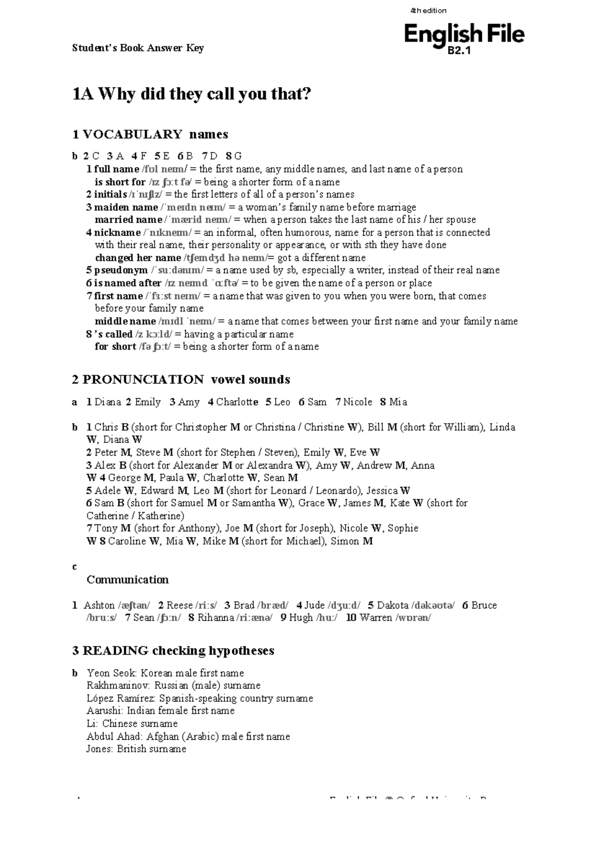 B2.1 SB Answer Key: Vocabulary, Pronunciation, & Grammar Insights - Studocu