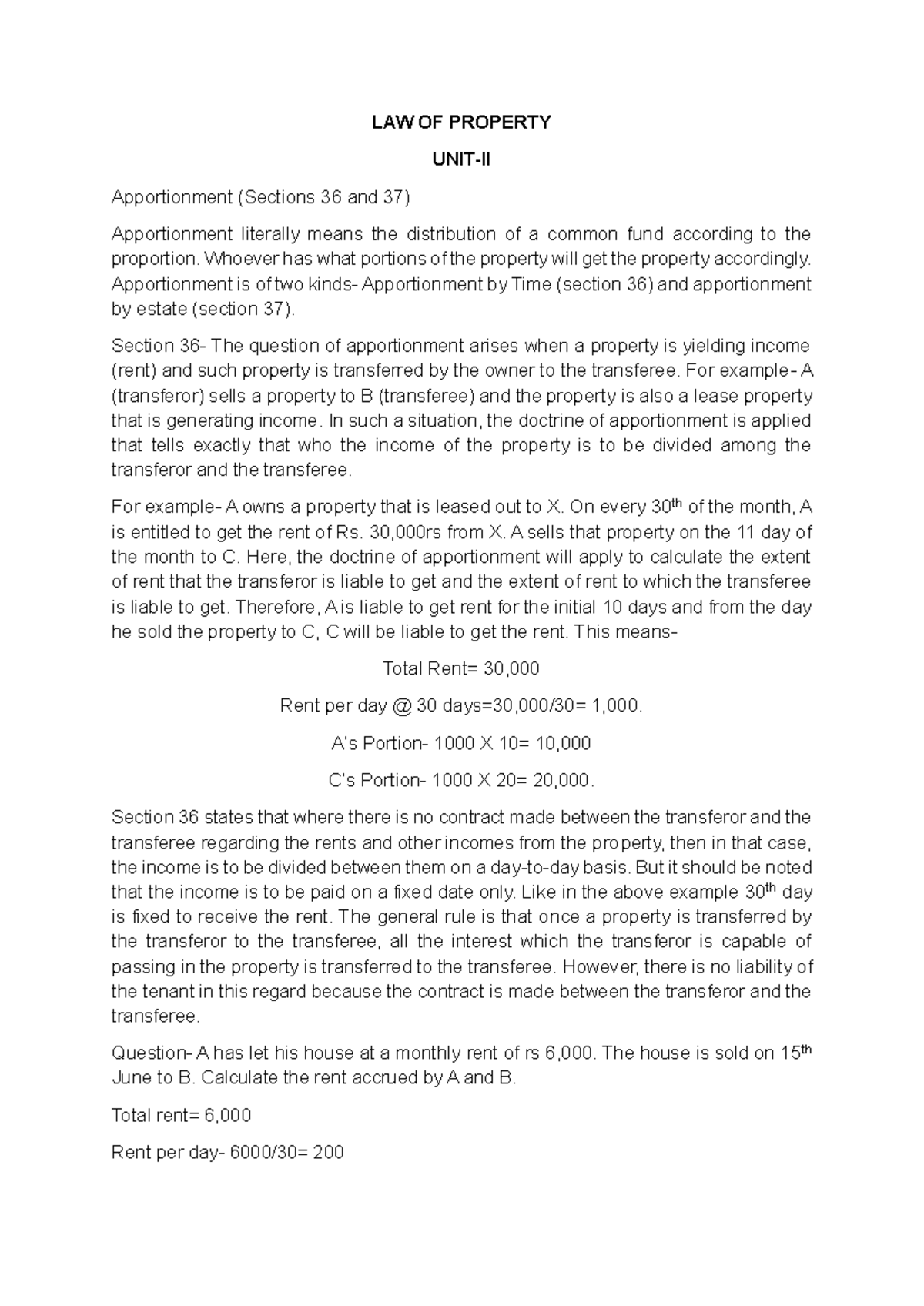 UNIT II-2: Property Law Notes on Apportionment & Transfers - Studocu