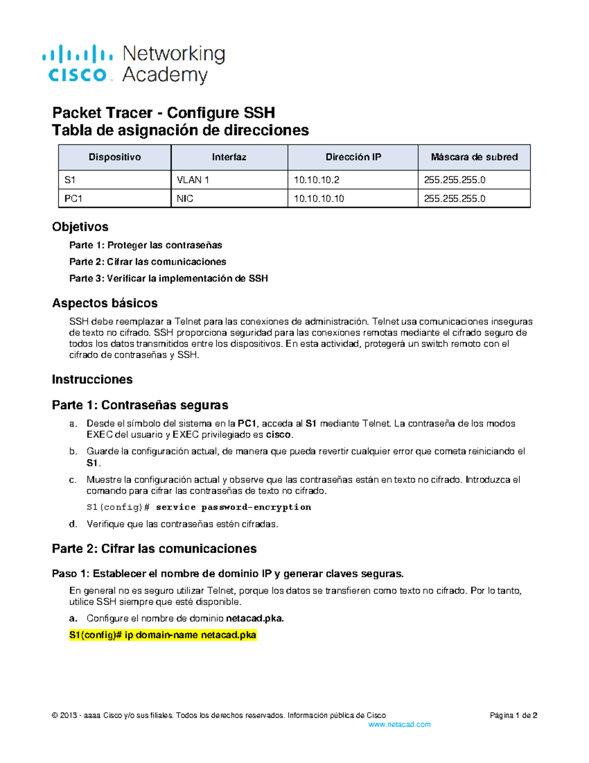 Packet Tracer - Configuración de SSH y Cifrado de Contraseñas - Studocu