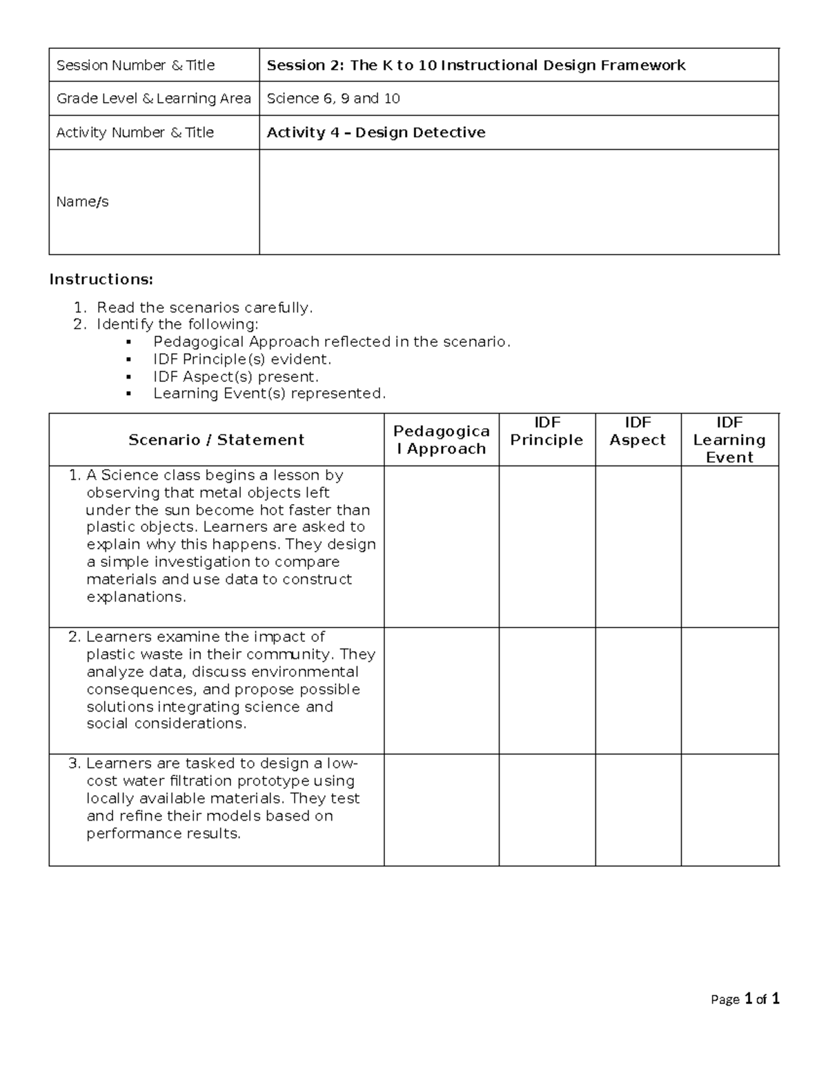Worksheet 4: Science Session 2 - K to 10 Instructional Design Framework ...