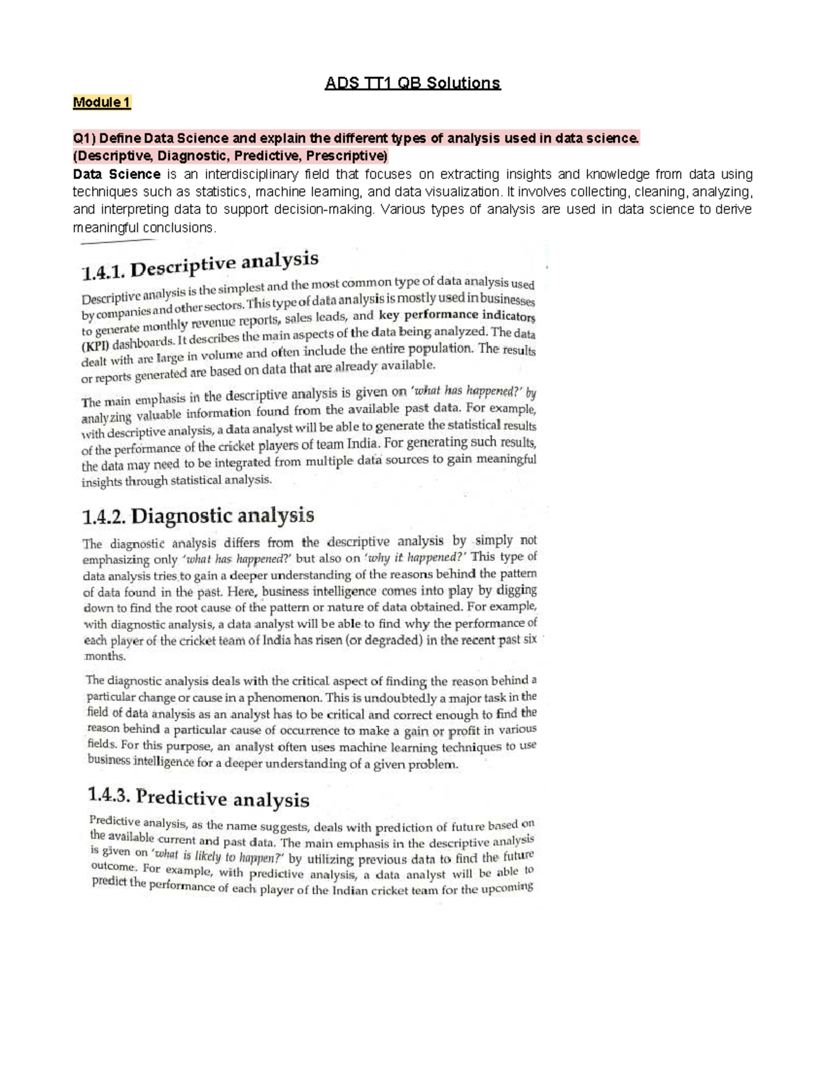 ADS TT1 QB Solutions - Data Science Analysis and Techniques Overview ...