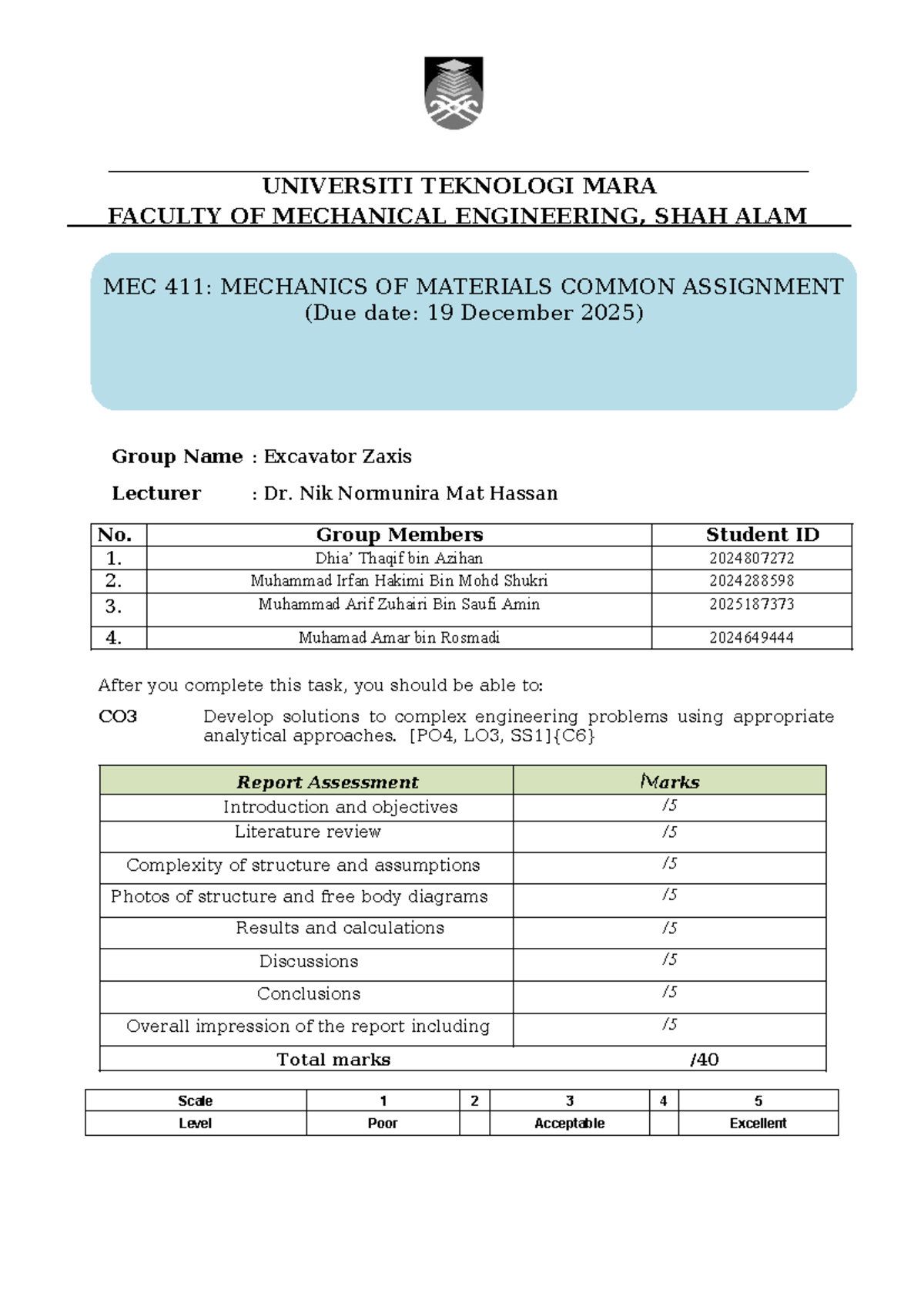 MEC 411: Mechanics of Materials - Excavator Zaxis Common Assignment ...