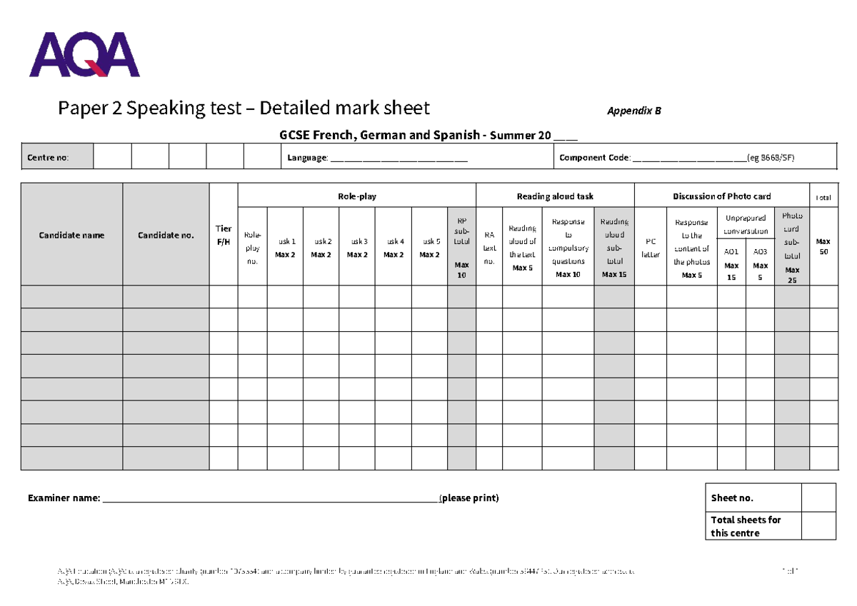 AQA GCSE MFL Paper 2 Speaking Test Mark Sheet Appendix B - Studocu