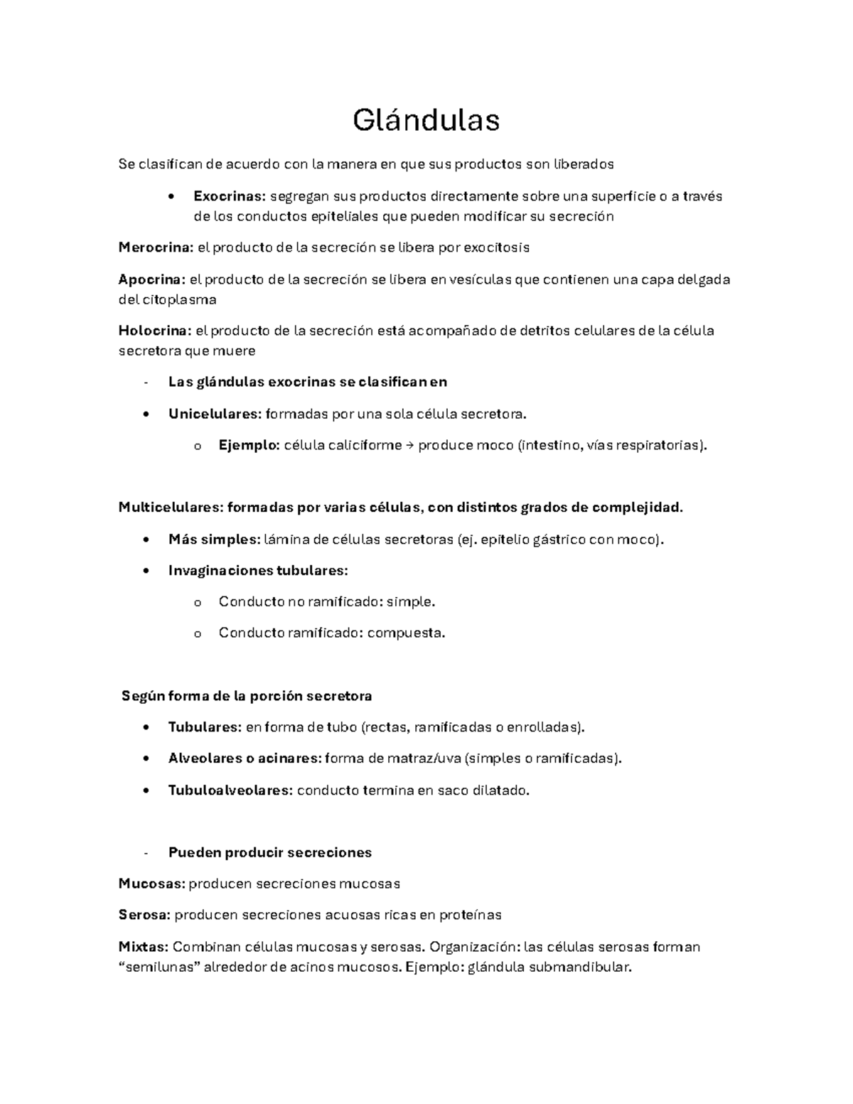 Resumen de Glándulas Exocrinas - Histología (Curso de Biología) - Studocu