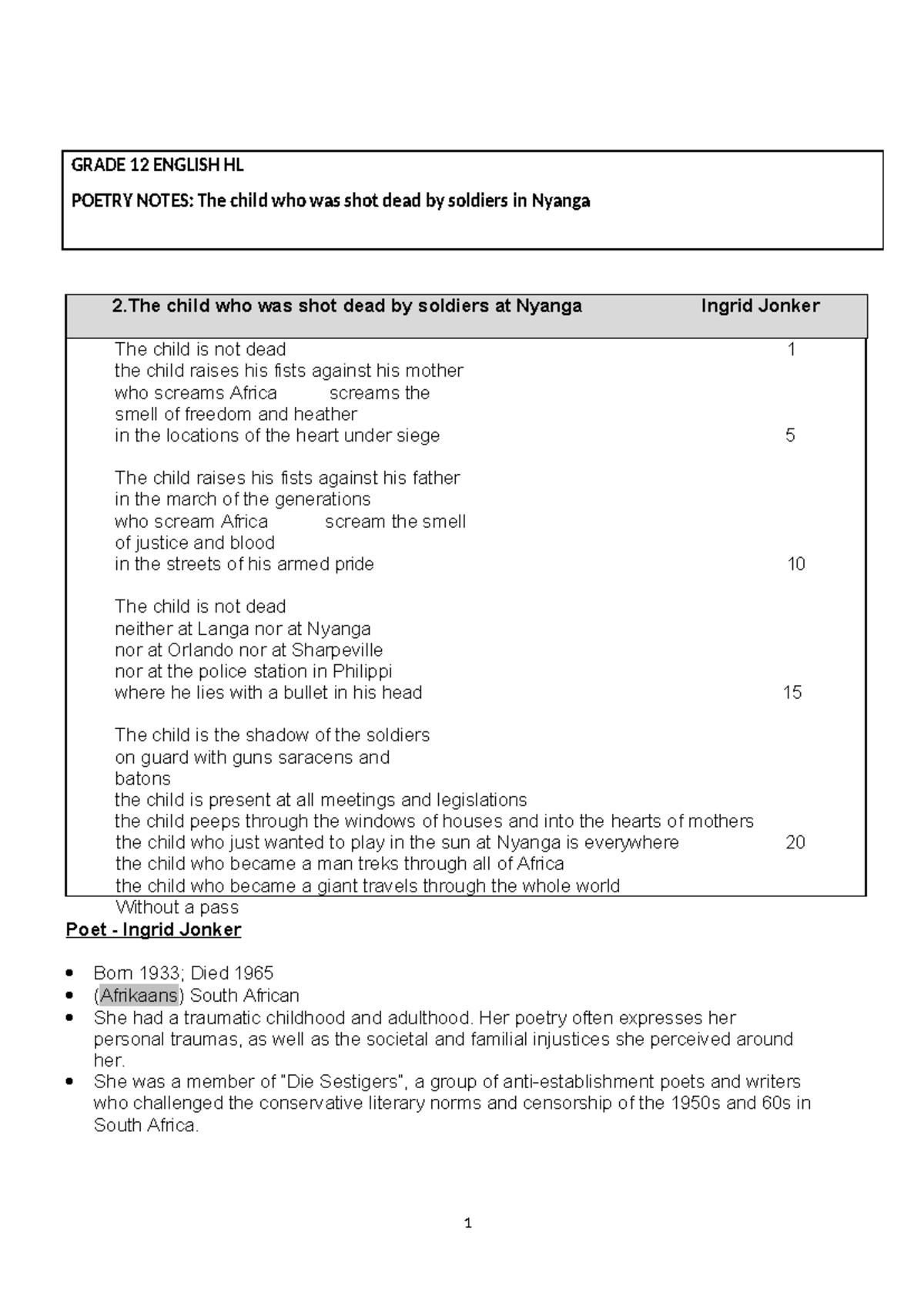 GRADE 12 ENGLISH HL POETRY NOTES: Analysis of "The Child Who Was Shot ...