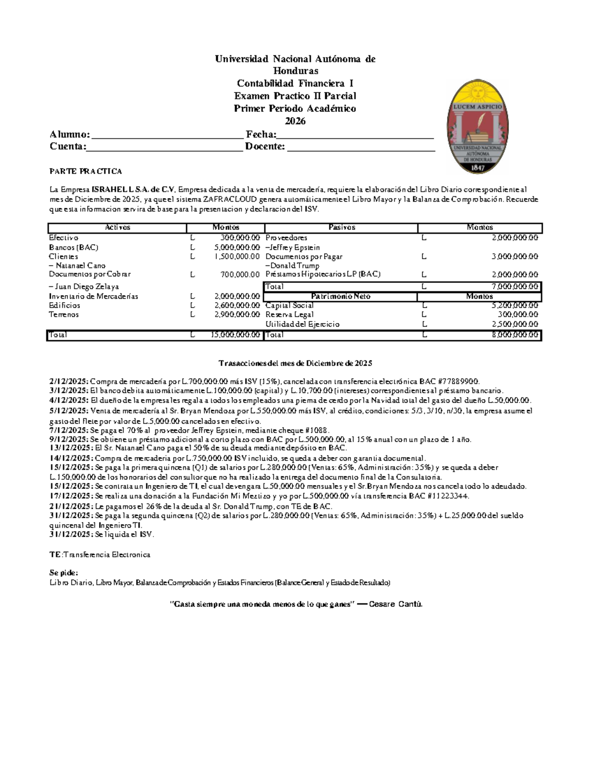 E2 Contabilidad Financiera I Examen Práctico II Parcial 2026 - Studocu