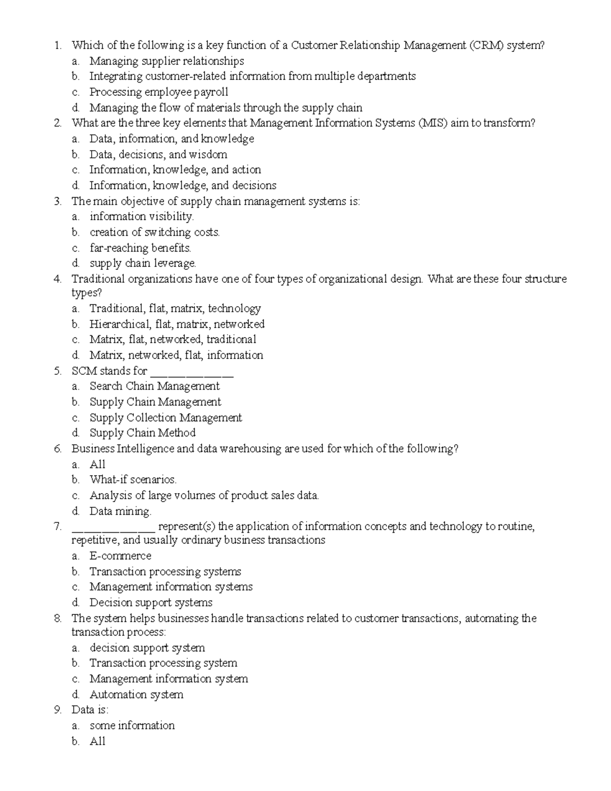 MIS Multiple-Choice Questions (No Answers) for Exam Prep - Studocu