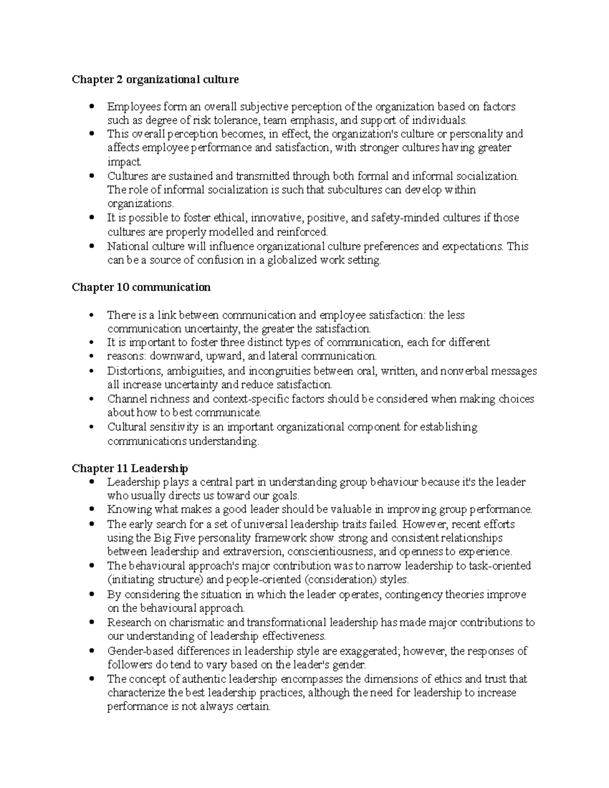 Organizational Behavior Notes: Chapters 2, 10, 11, 12 Insights - Studocu