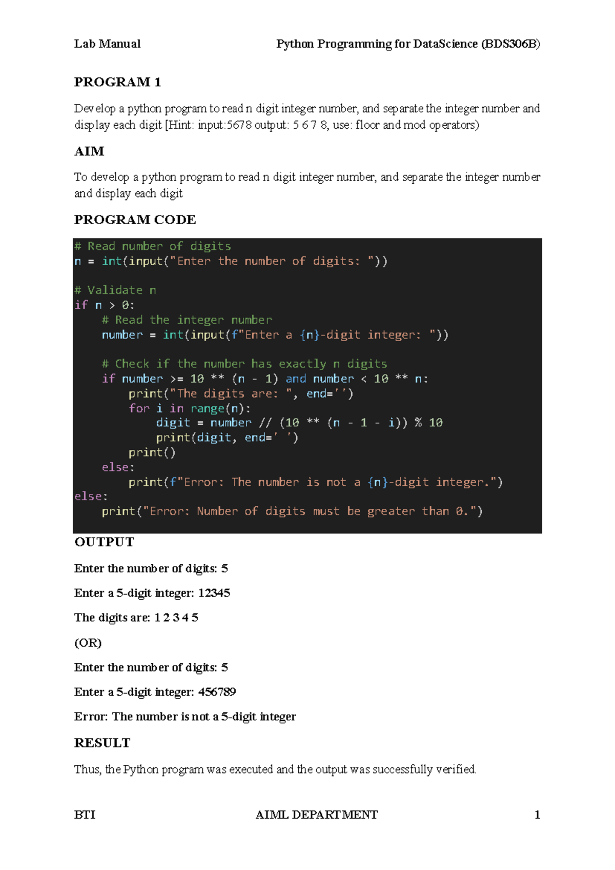 Lab Manual for Python Programming in Data Science (BDS306B) - Studocu