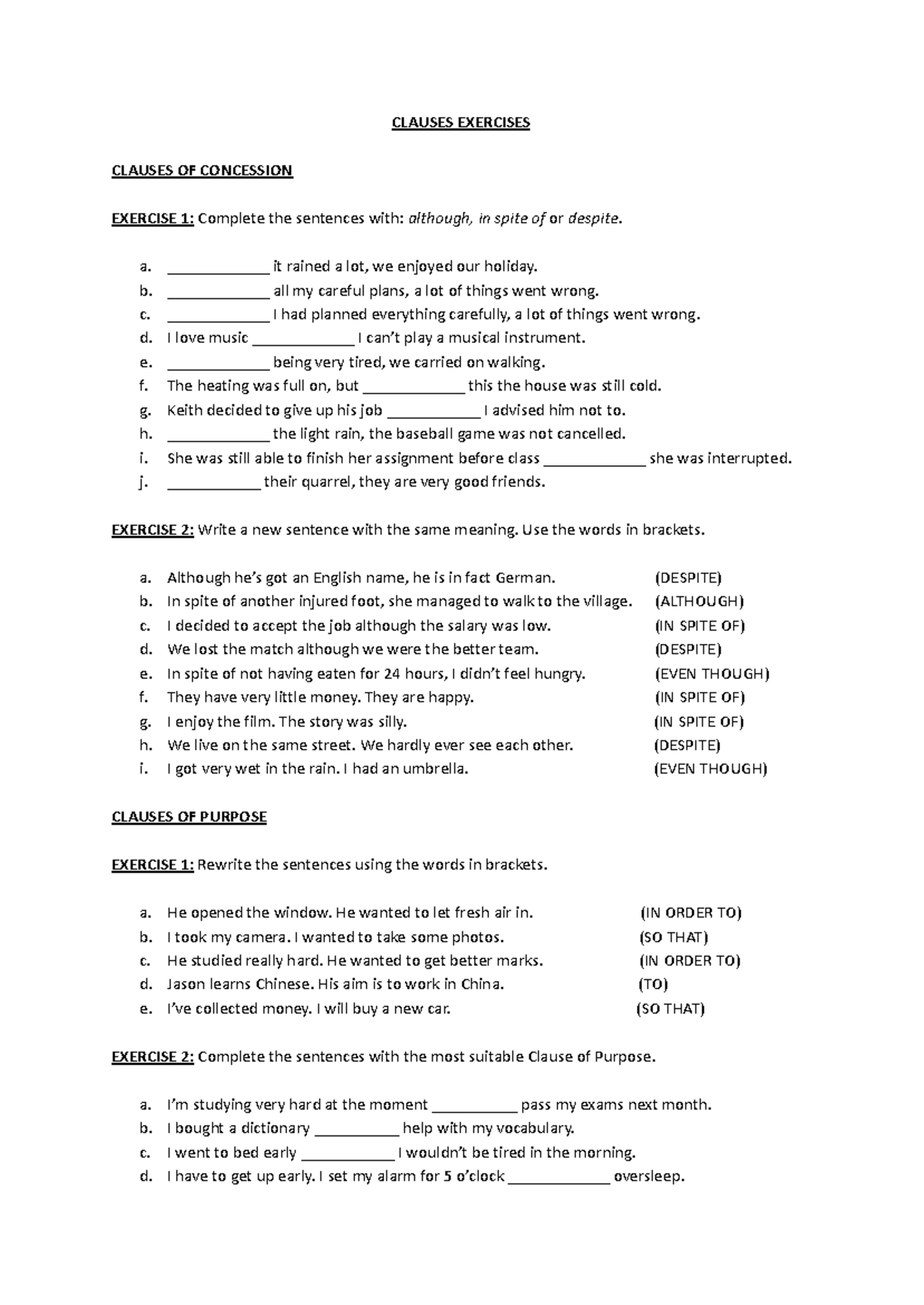 Clauses Exercises: Concession, Purpose & Reason Exercises - Studocu