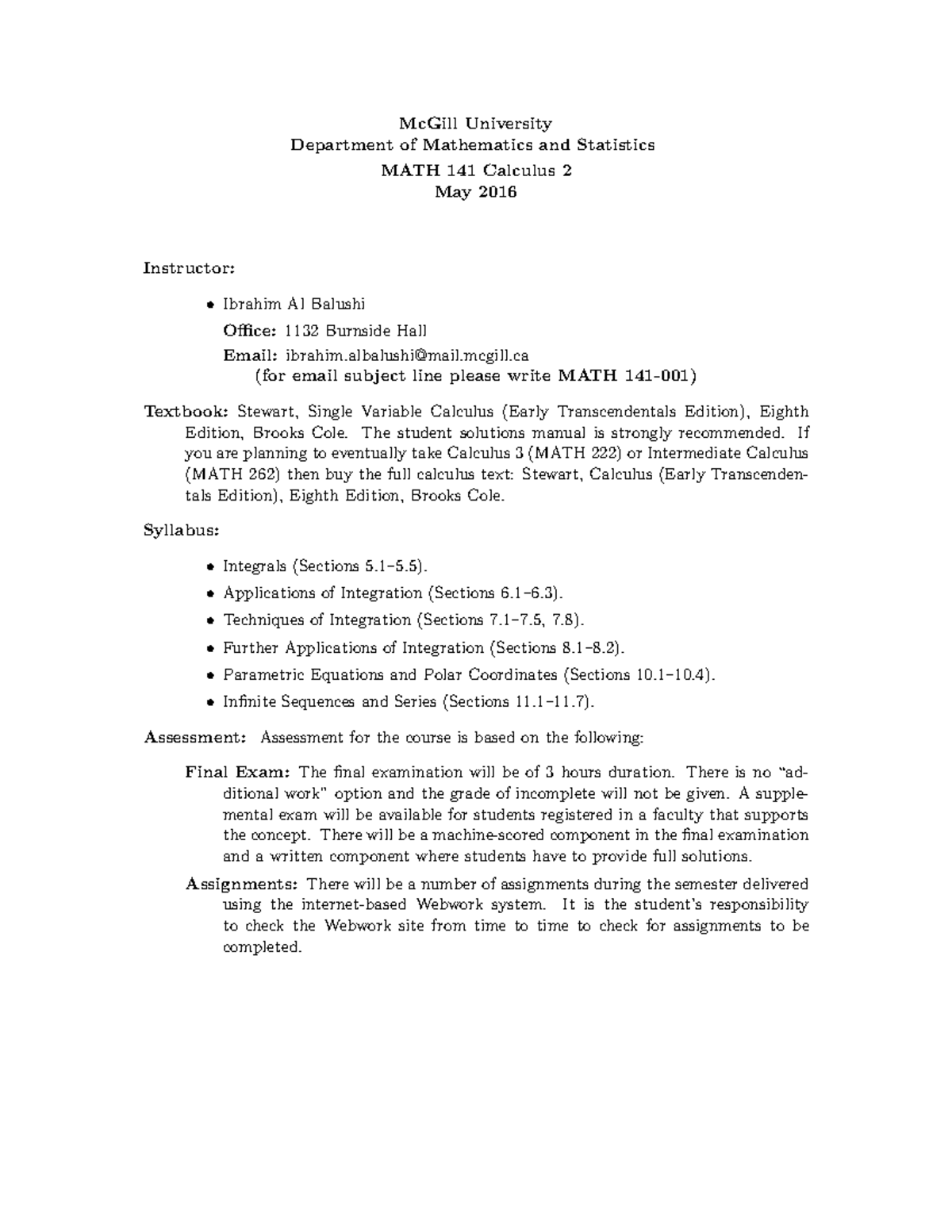 MATH 141 Calculus 2 Course Outline & Syllabus - McGill University - Studocu