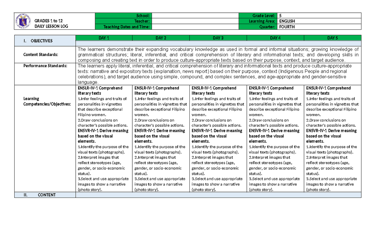 Q4-ENGLISH 5 WEEK 4 DAILY LESSON LOG - OBJECTIVES & CONTENT - Studocu