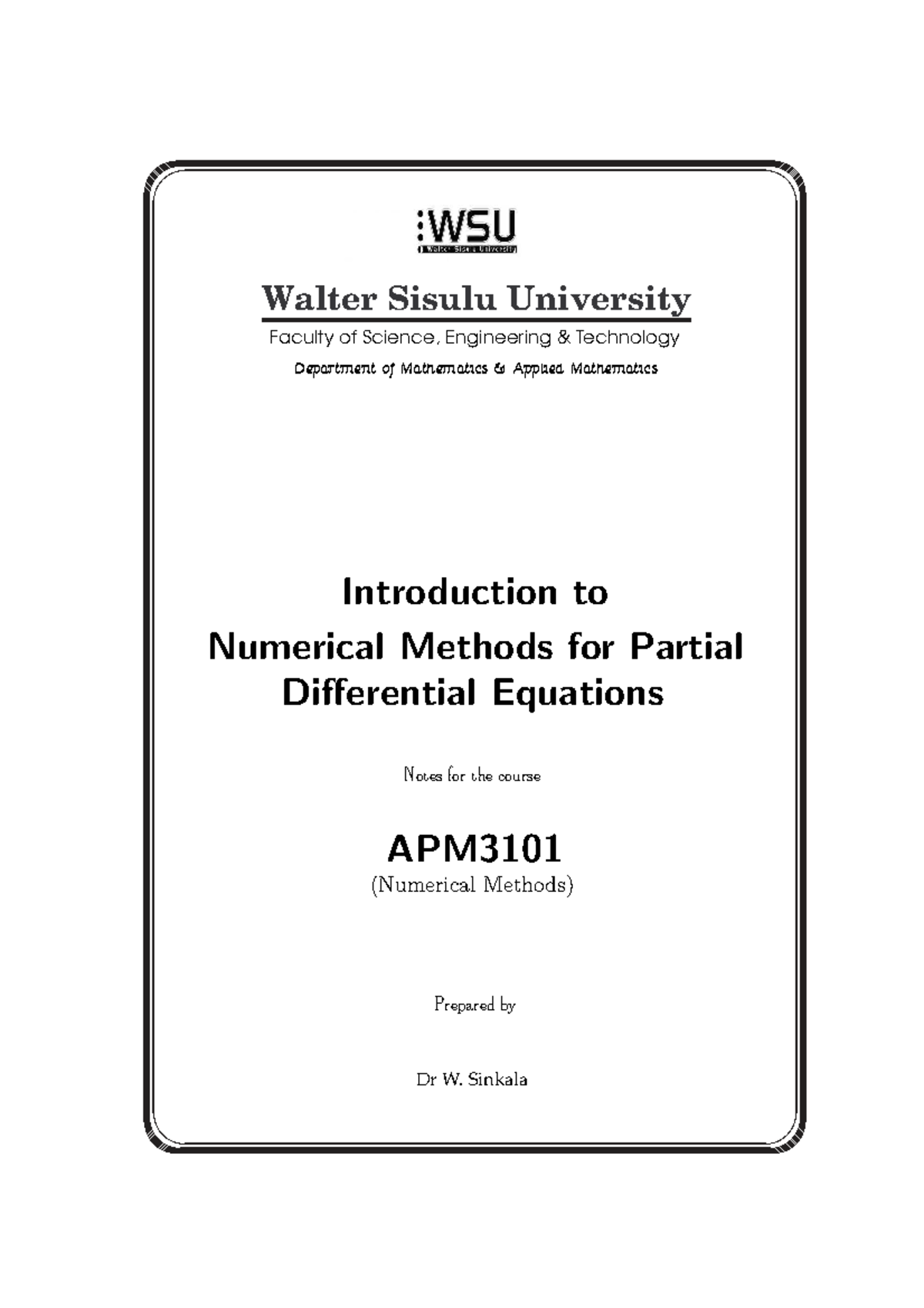APM3101 Lecture Notes: Introduction to Numerical Methods for PDEs - Studocu
