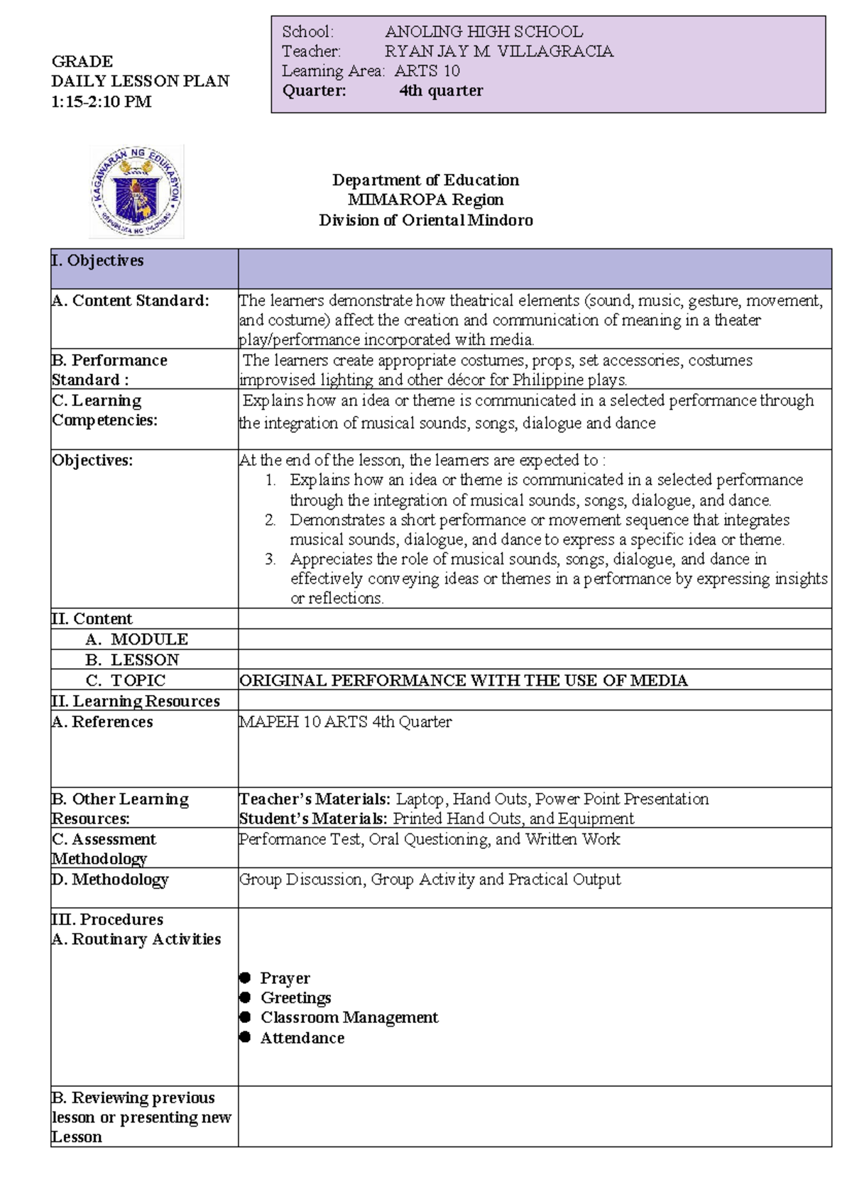 DLP MAPEH 10 Arts 4th Quarter Lesson Plan on Theatrical Elements - Studocu