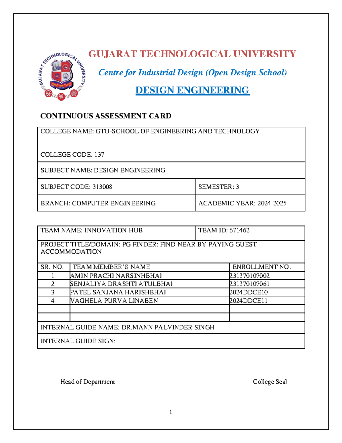 DE 313008: Design Engineering Continuous Assessment Card - Project PG ...
