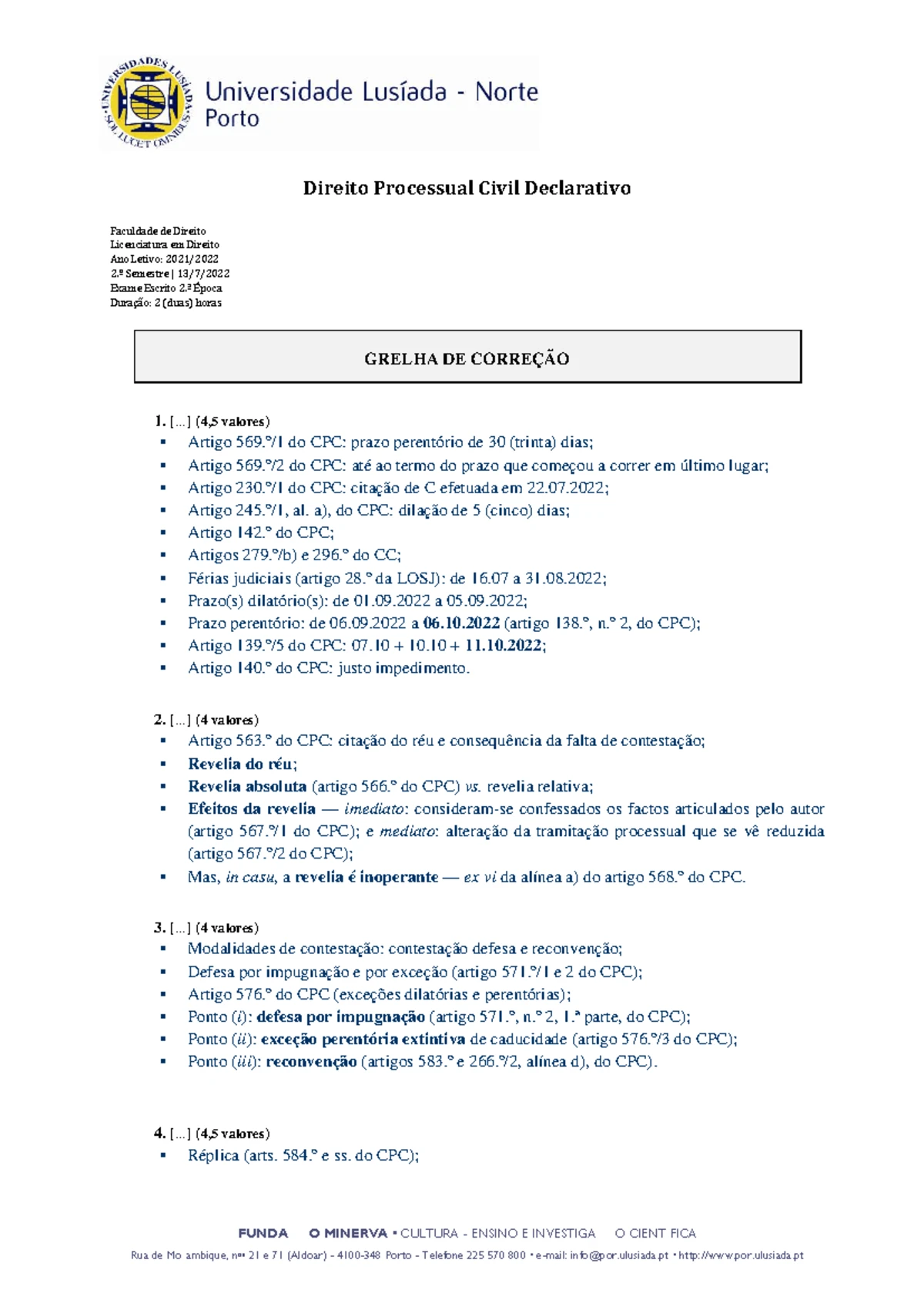 Grelha de Correção da Frequência de Direito Processual Civil ...