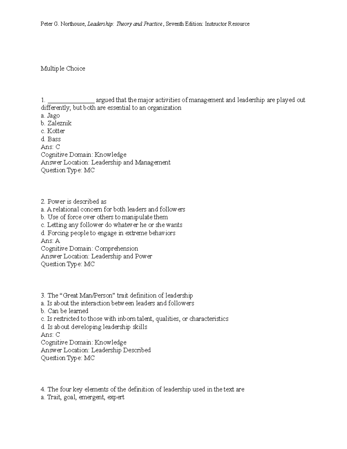 Leadership Concepts and Multiple Choice Questions (CH1) - Studocu
