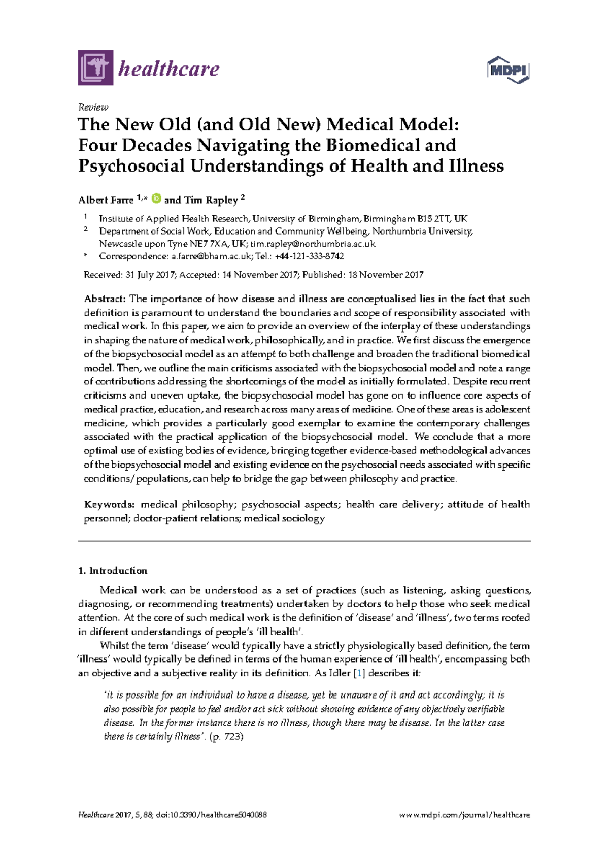 The New Old Medical Model: Navigating Biopsychosocial Perspectives in ...