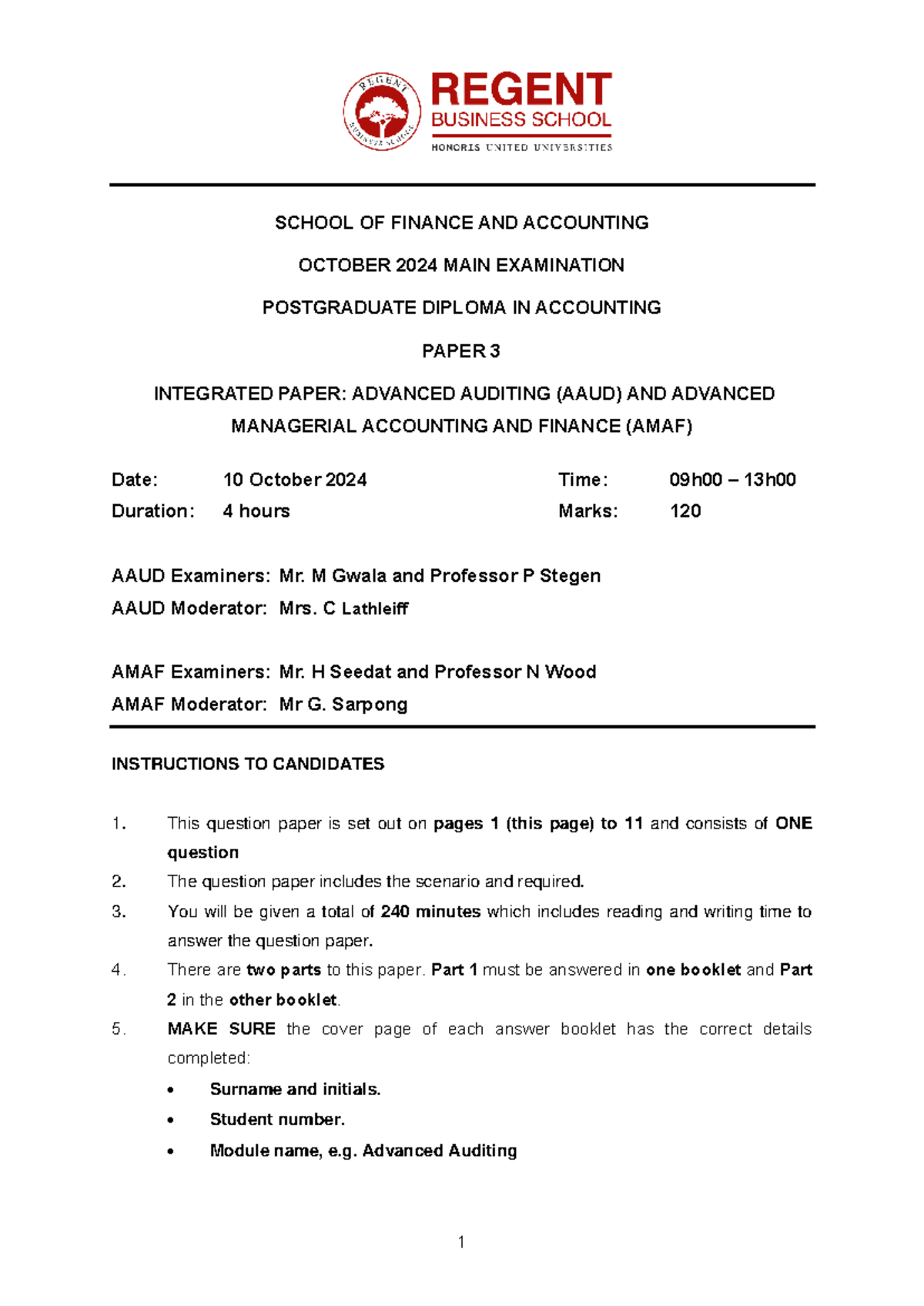 PGDA - AAUD & AMAF - 2024 Main Exam Paper 3: Integrated Auditing ...