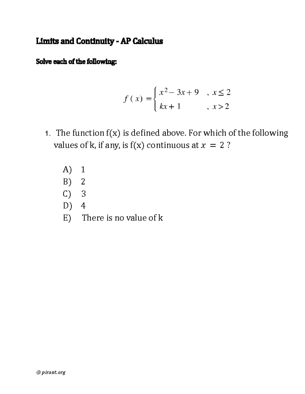 Unit1Calc - Limits - Calc BC - Limits and Continuity - AP Calculus ...