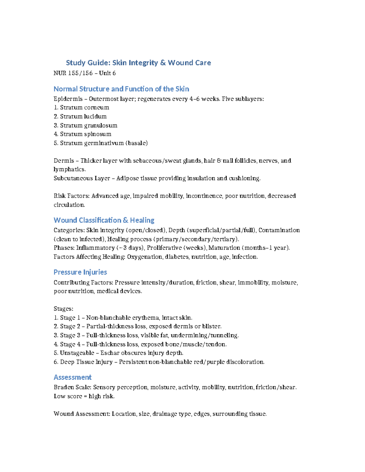 NUR Unit 6 Study Guide: Skin Integrity & Wound Care Essentials - Studocu