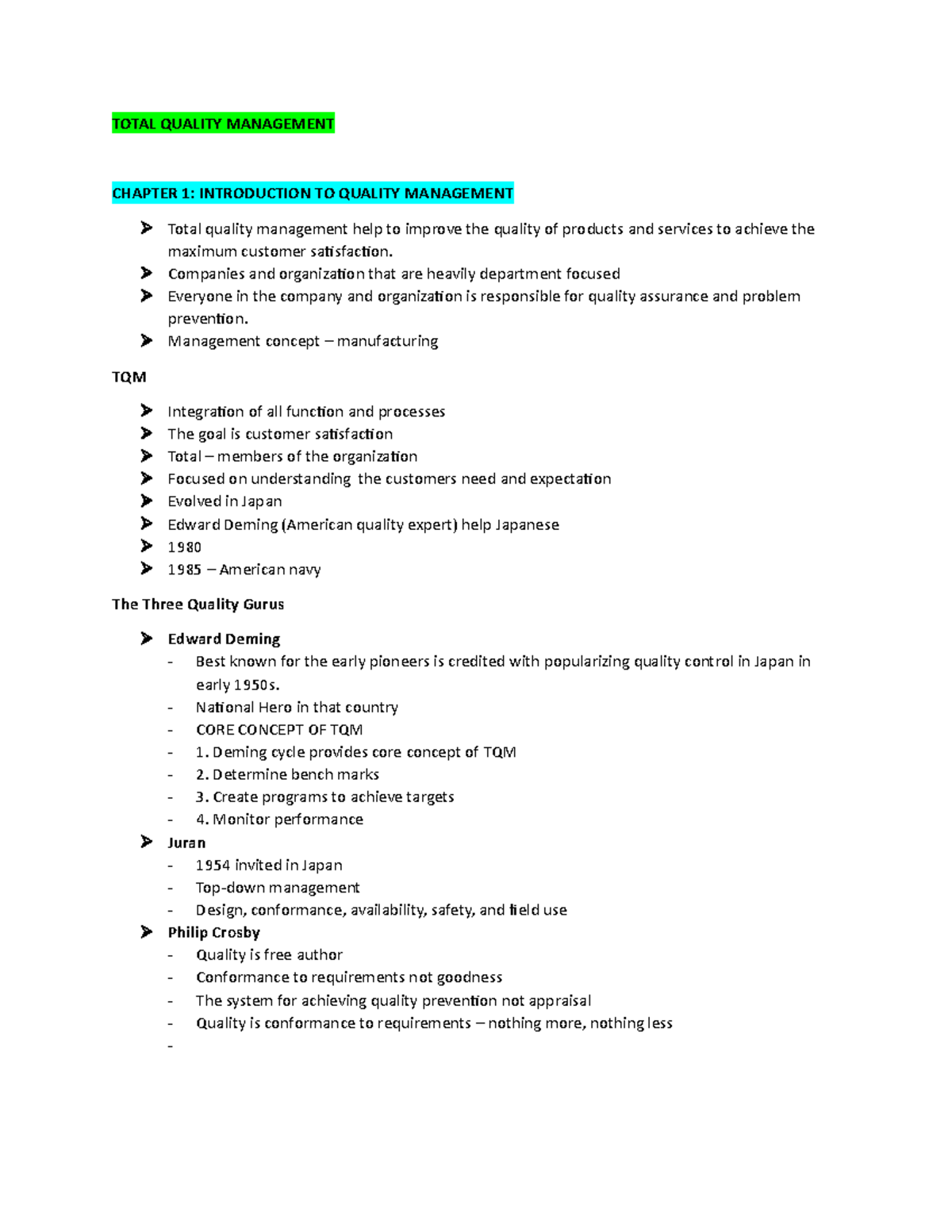 TQM Concepts and Principles: A Comprehensive Review Guide - Studocu