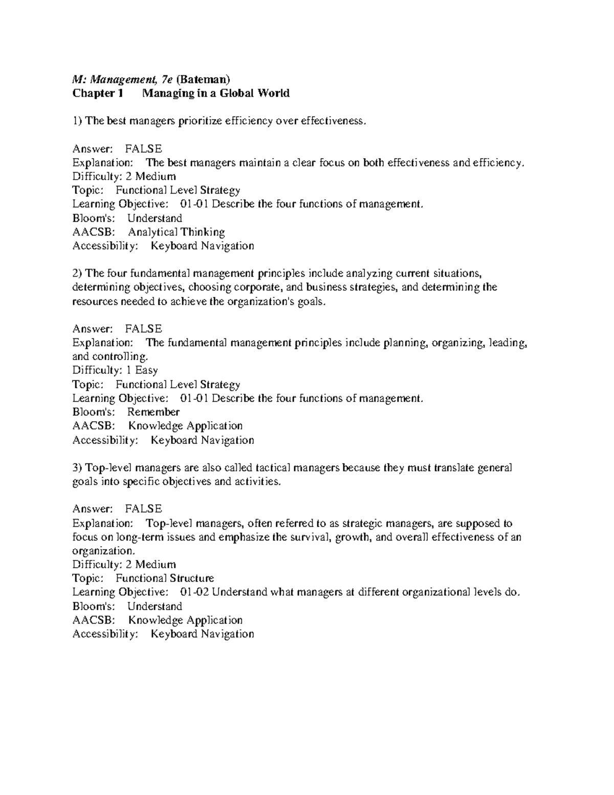 Bateman 7e chapter 01 tb answerkey - M: Management, 7 e (Bateman ...