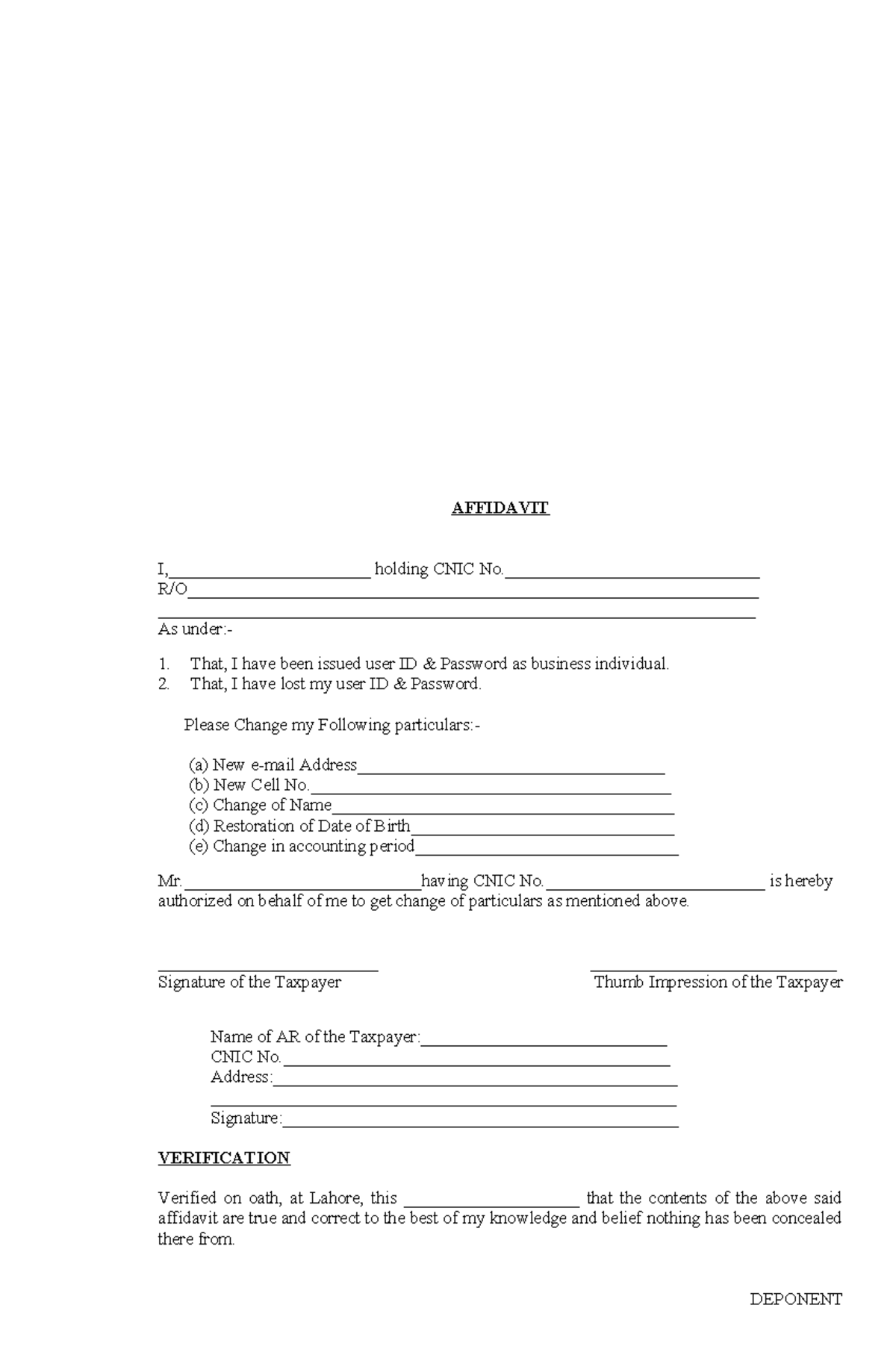 Affidavit for Recovery of ID & Password - User Verification Form - Studocu