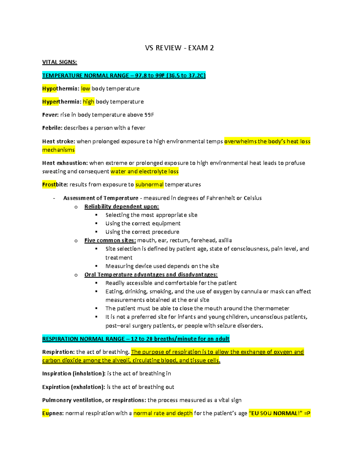 Vital Signs Review - Exam 2 - Professional Nursing and Health Care ...