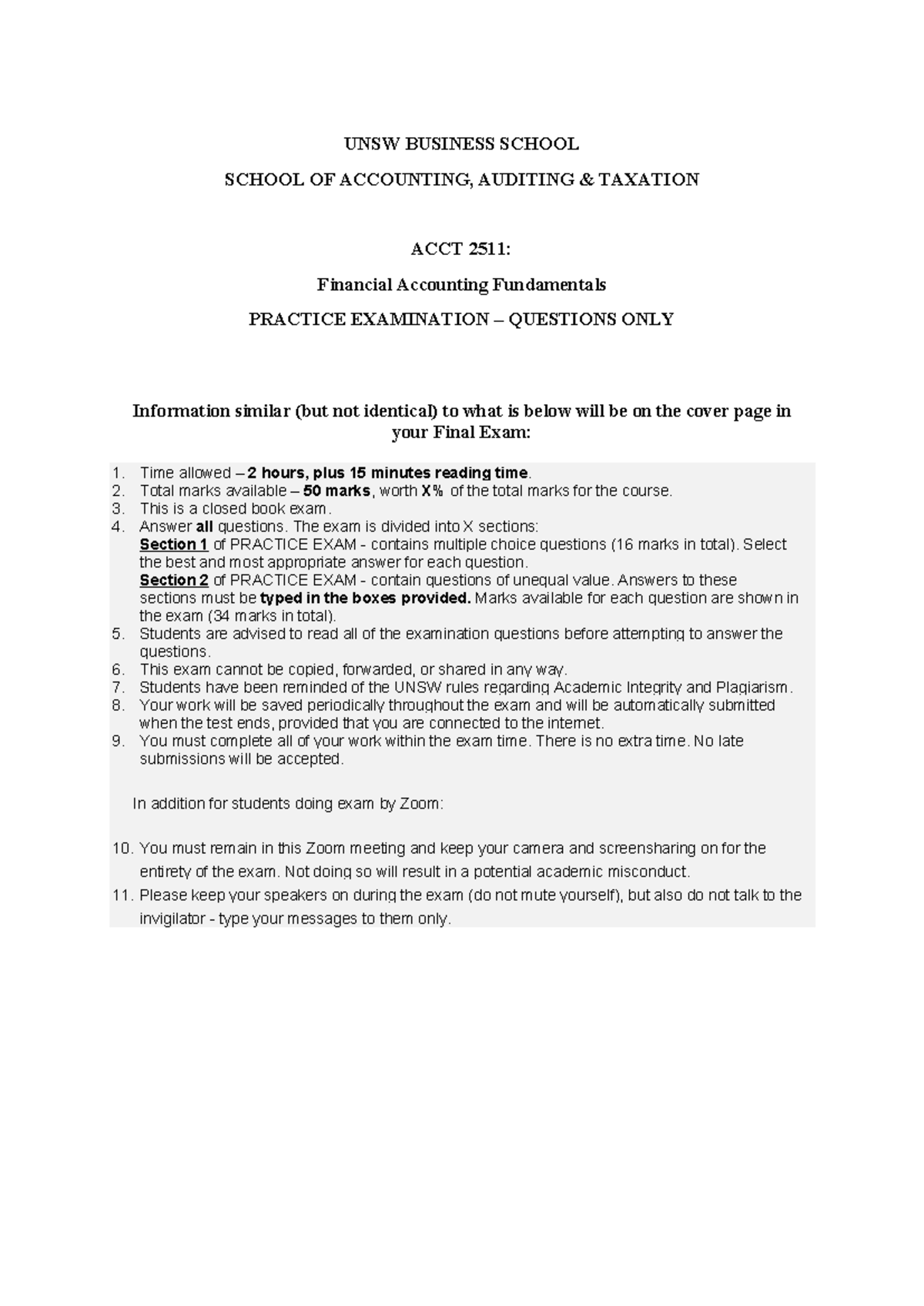 ACCT2511 Final Exam Practice Questions (Questions Only) - Studocu