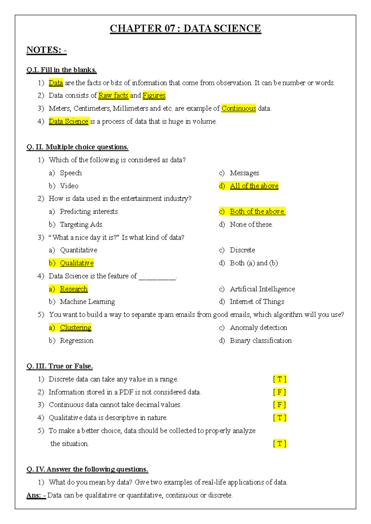 CHAPTER 07: DATA SCIENCE NOTES - FILL IN THE BLANKS & MCQs - Studocu