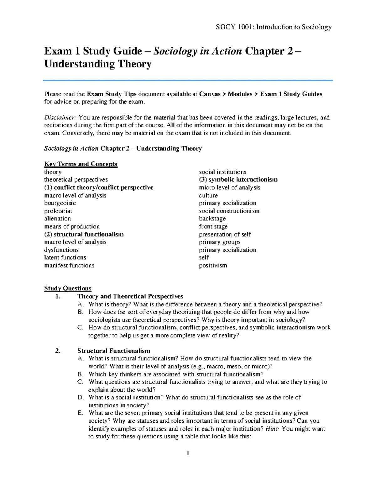 SOCY 1001 Exam 1 Study Guide: Chapter 1 - Sociology in Action - Studocu