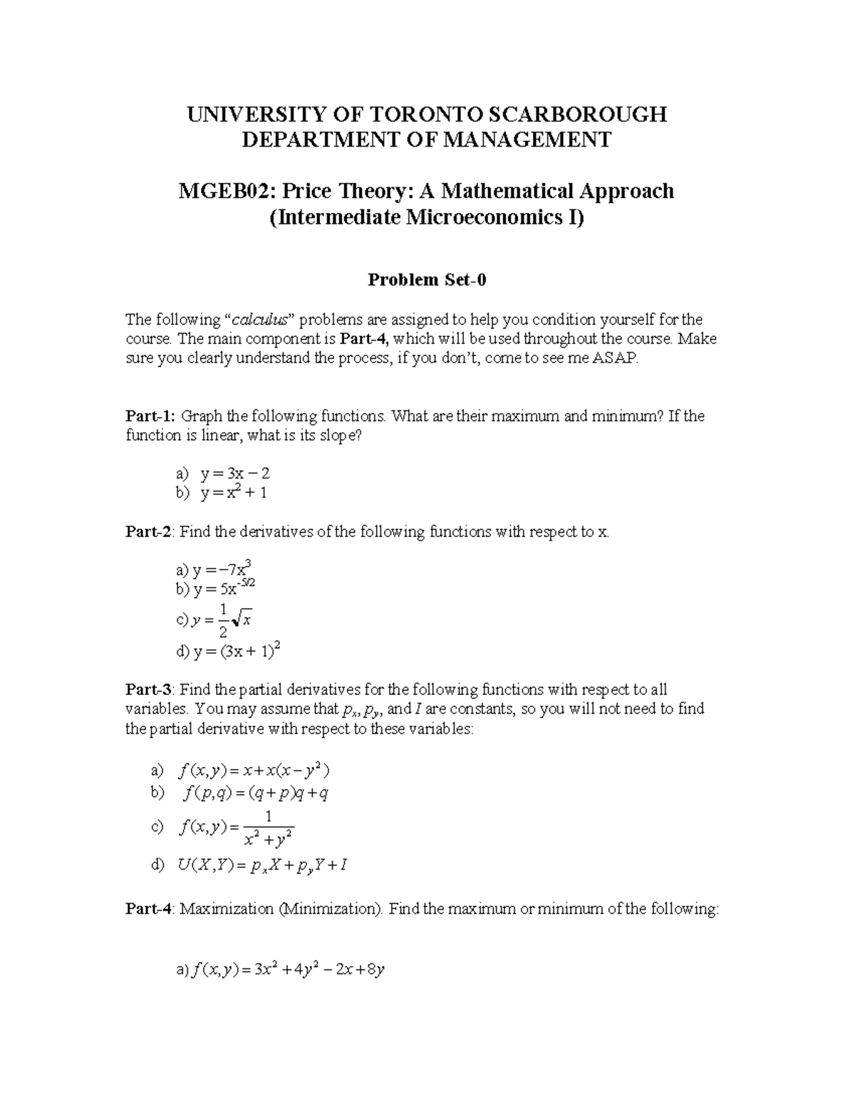 MGEB02: Price Theory Problem Set - Intermediate Microeconomics I - Studocu