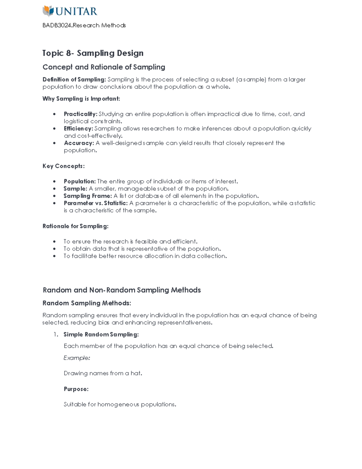 BADB3024 Research Methods: Sampling Design Concepts and Rationale - Studocu